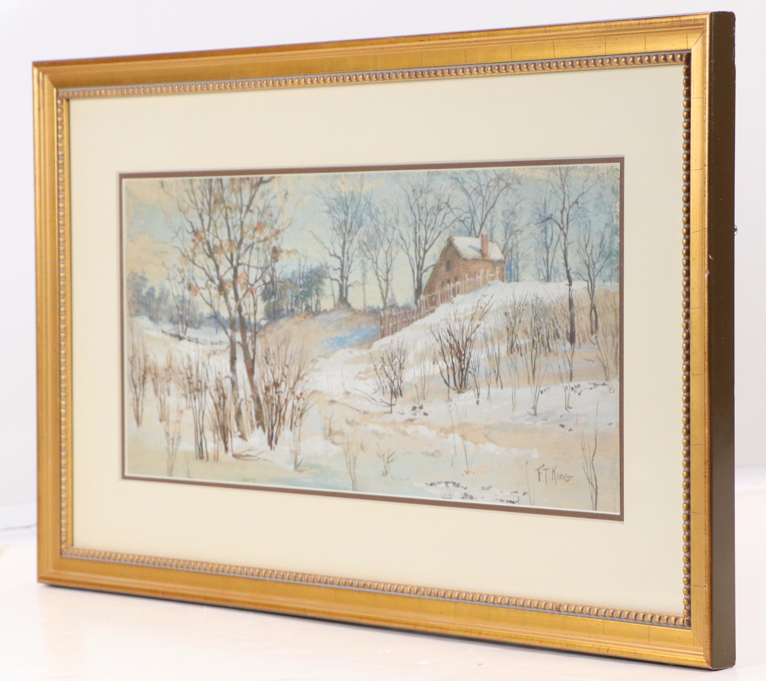 F. T. King Gouache Painting of Winter Landscape, 20th Century