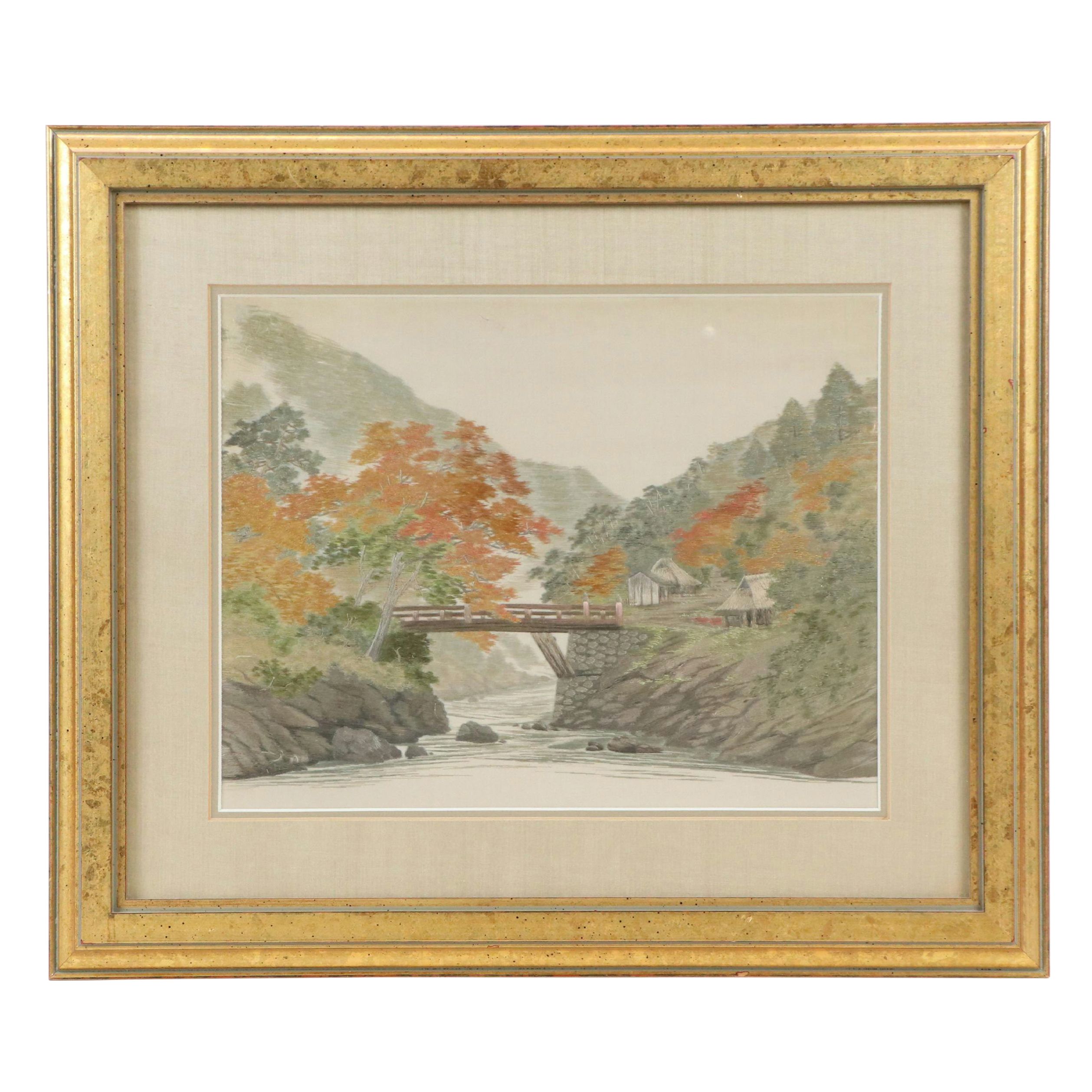 Hand-Embroidered Panel of East Asian Landscape