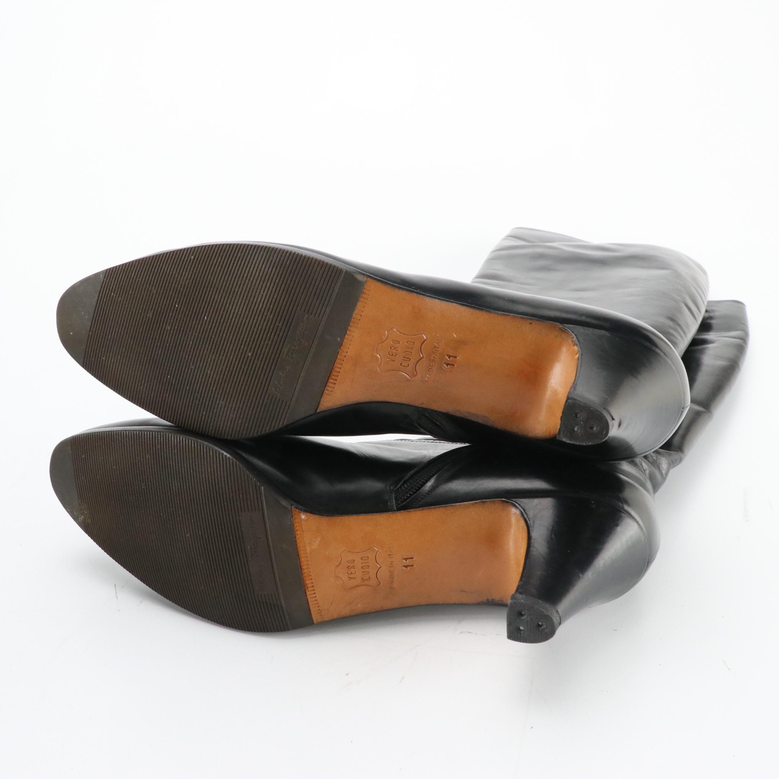 Salvatore Ferragamo Black Leather Heeled Knee-High Boots