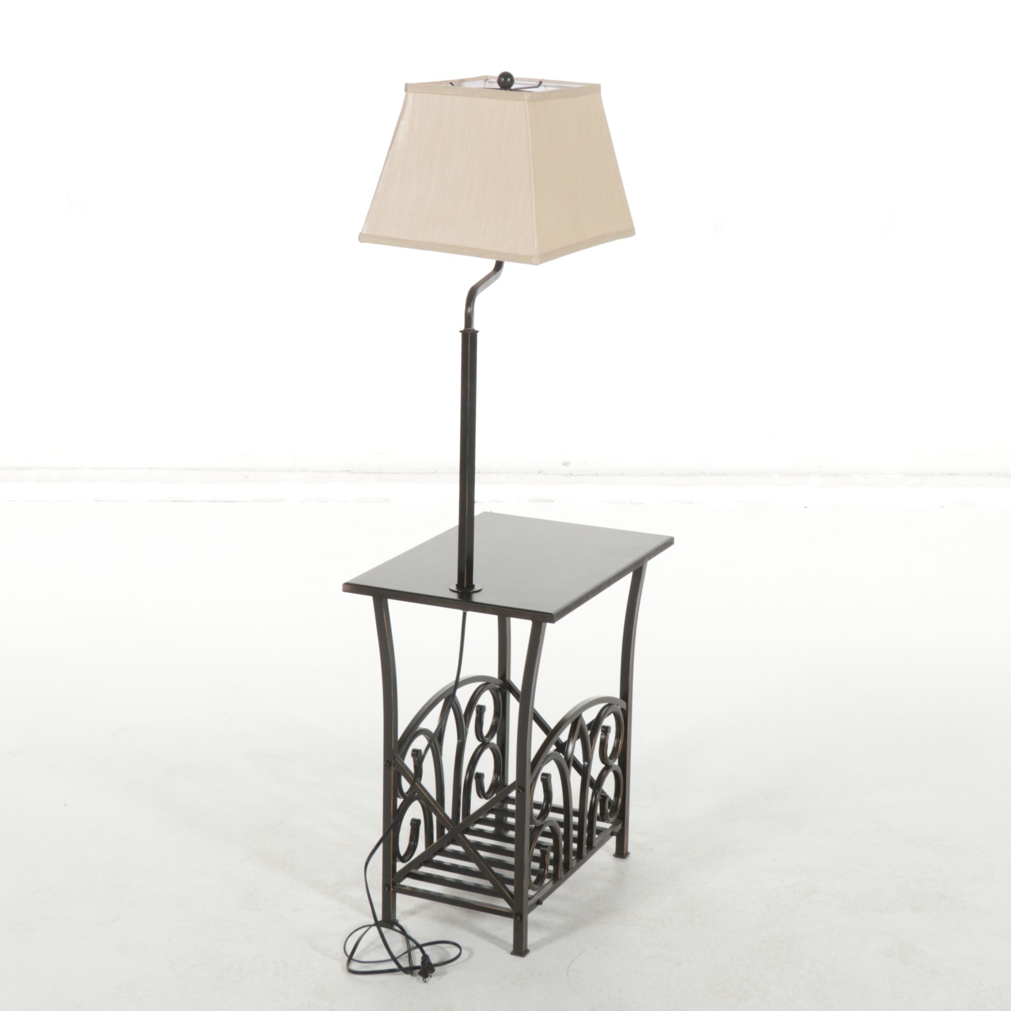 Oil Rubbed Bronze Floor Table Lamp with Magazine Rack, Silk Shade