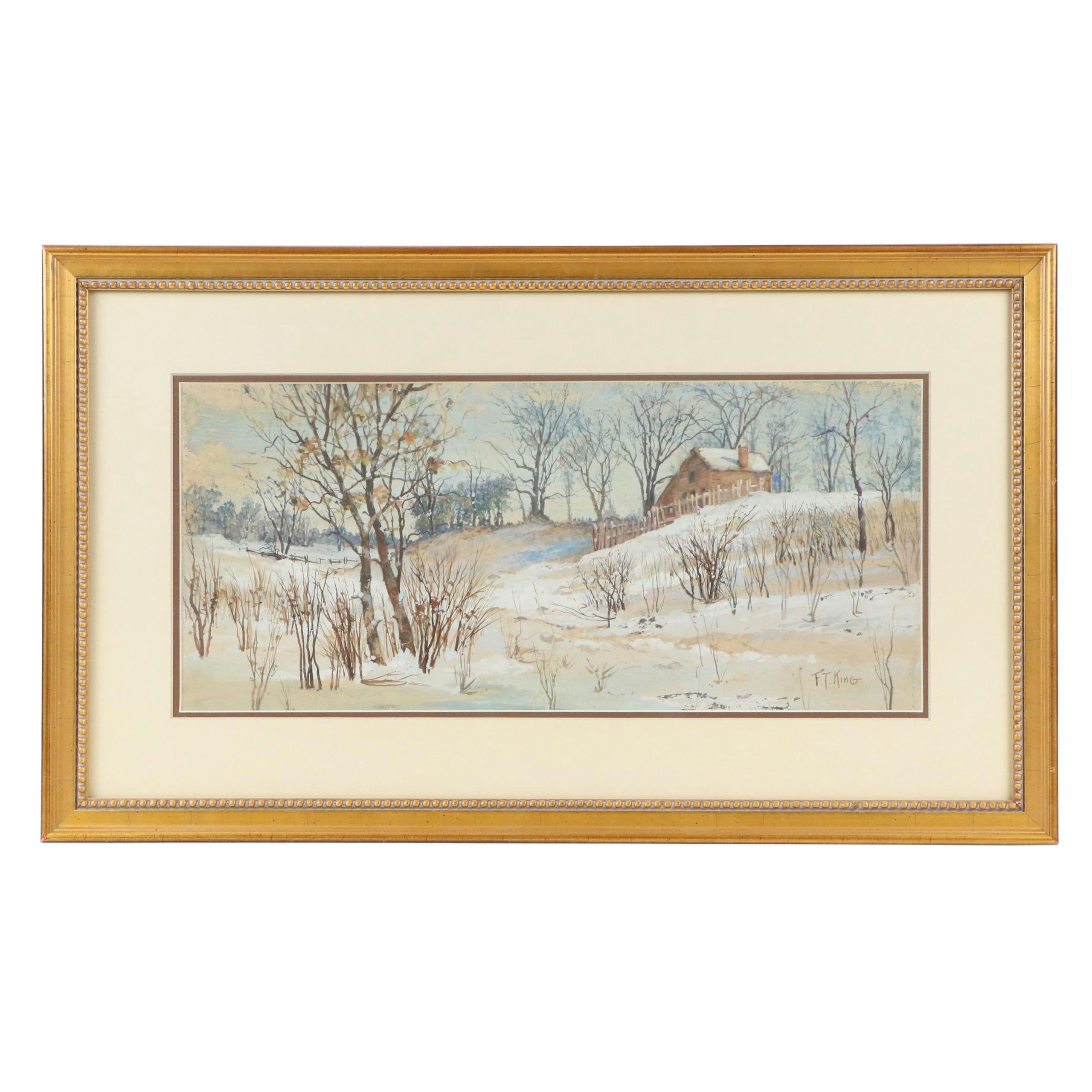 F. T. King Gouache Painting of Winter Landscape, 20th Century