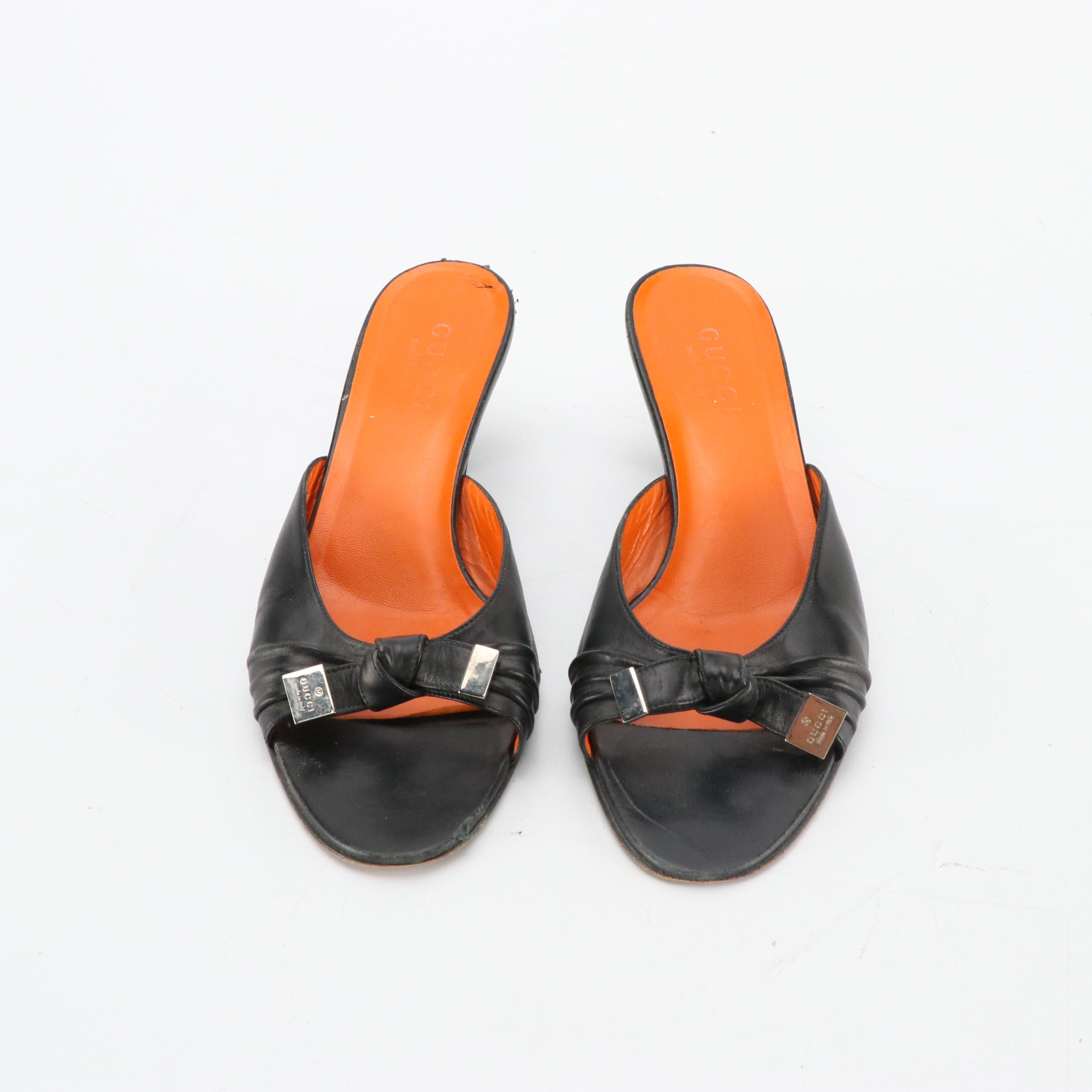 Gucci by Tom Ford Black Leather Peep-Toe Kitten Heels with Bow Details