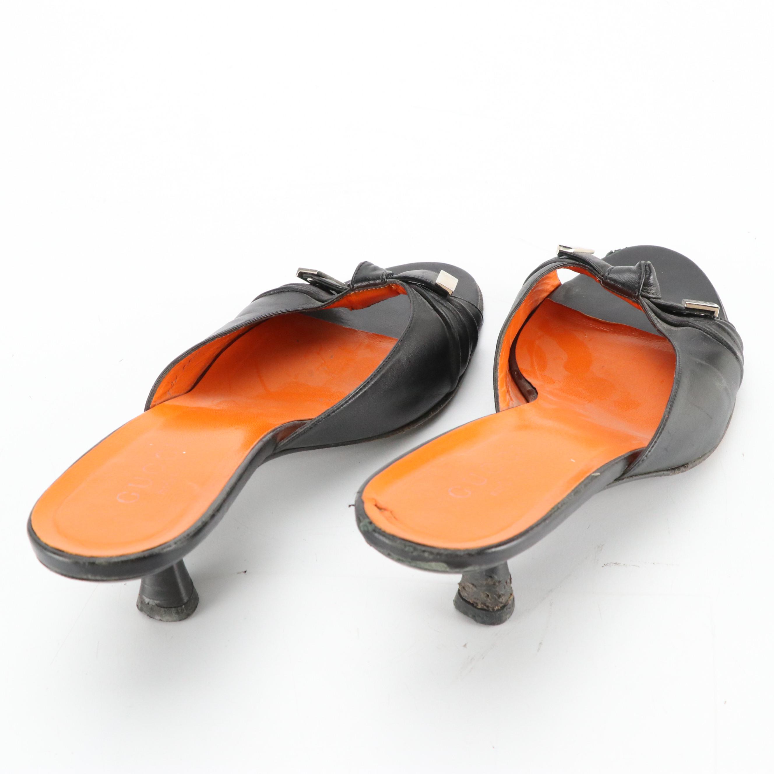 Gucci by Tom Ford Black Leather Peep-Toe Kitten Heels with Bow Details