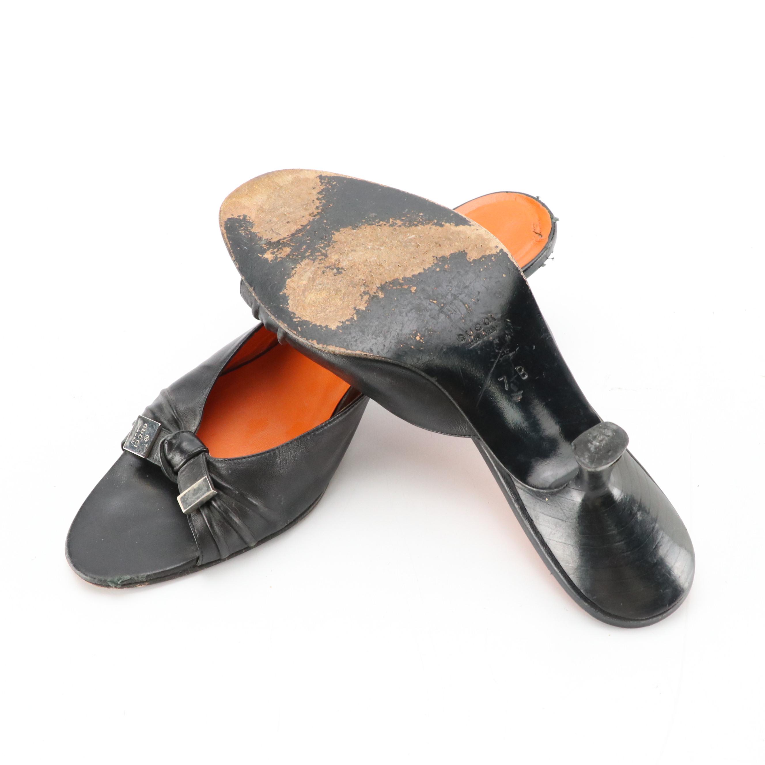 Gucci by Tom Ford Black Leather Peep-Toe Kitten Heels with Bow Details