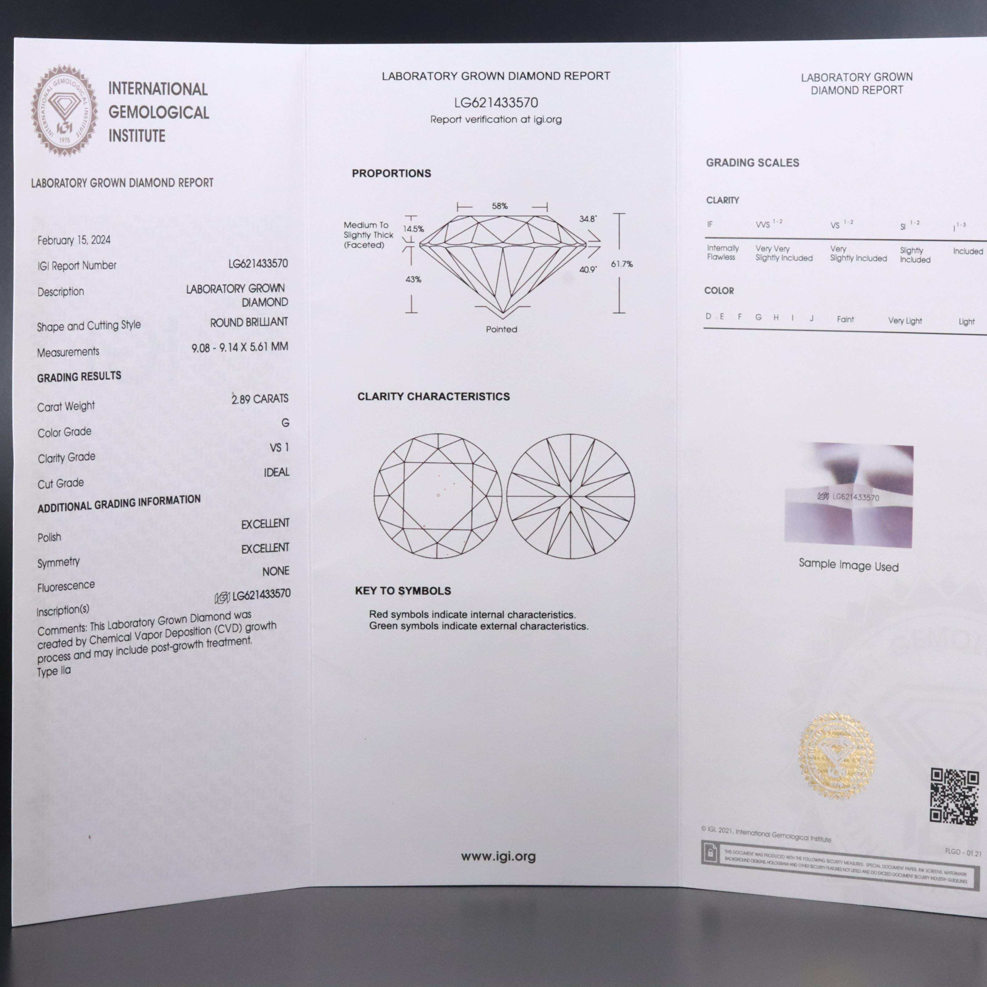 Loose 2.89 CT Lab Grown Diamond with IGI Report