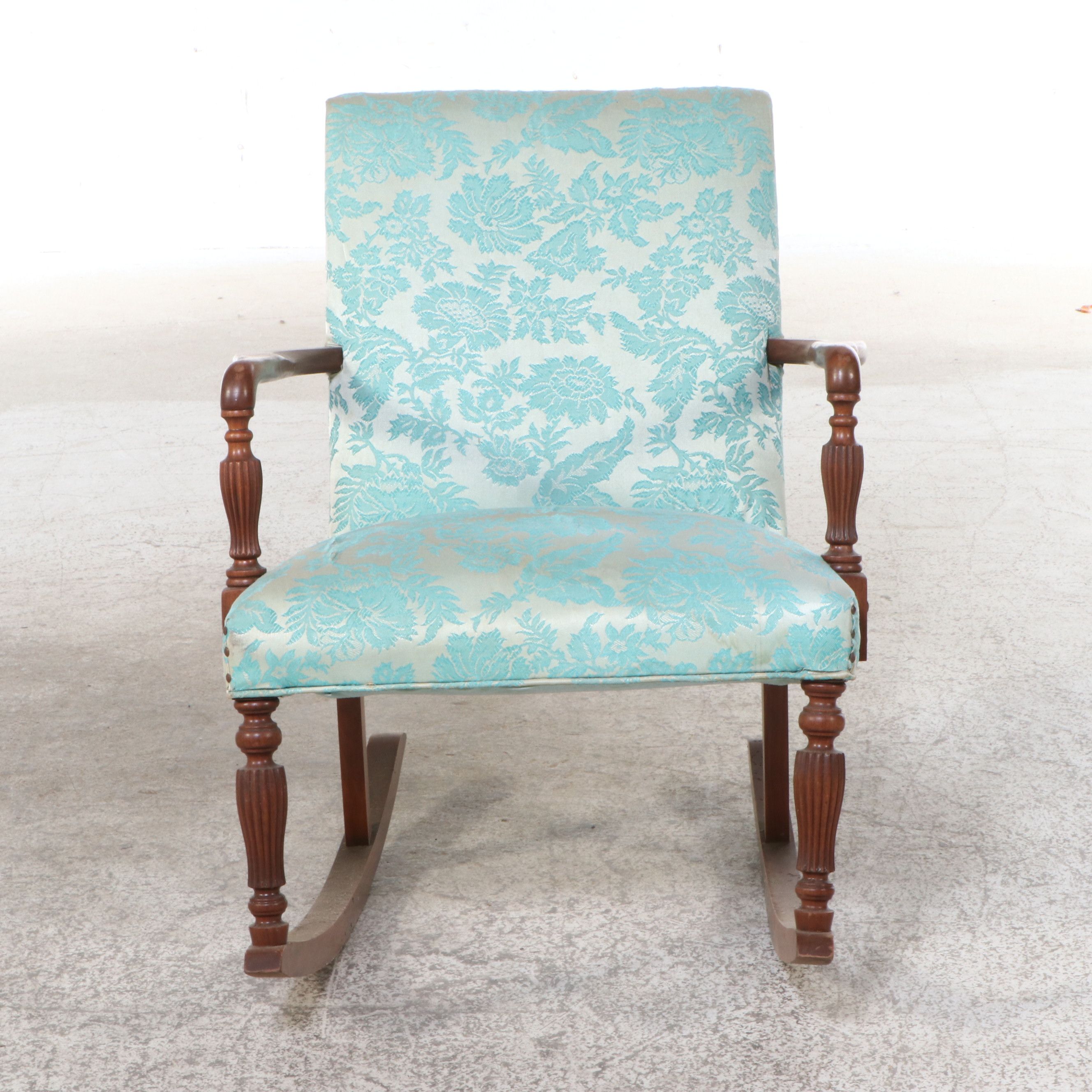 Federal Style Damask Upholstered Mahogany Finish Rocking Chair, 20th Century