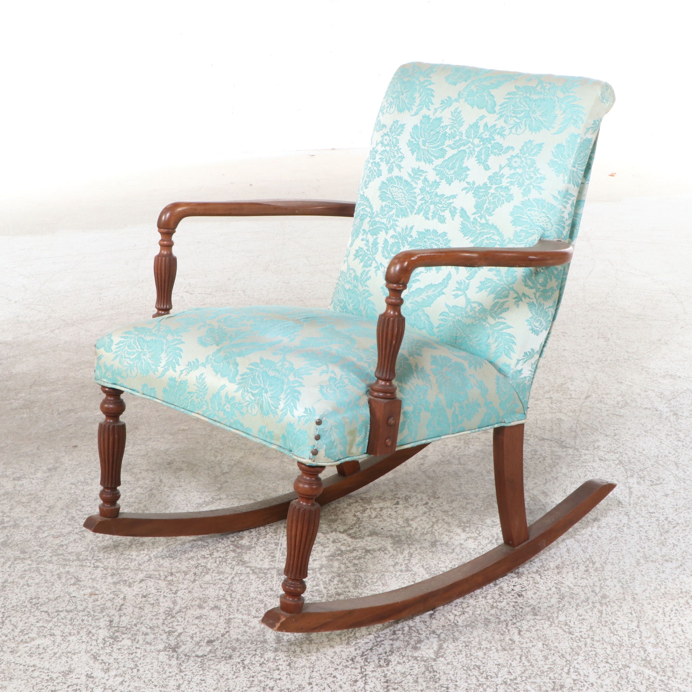 Federal Style Damask Upholstered Mahogany Finish Rocking Chair, 20th Century