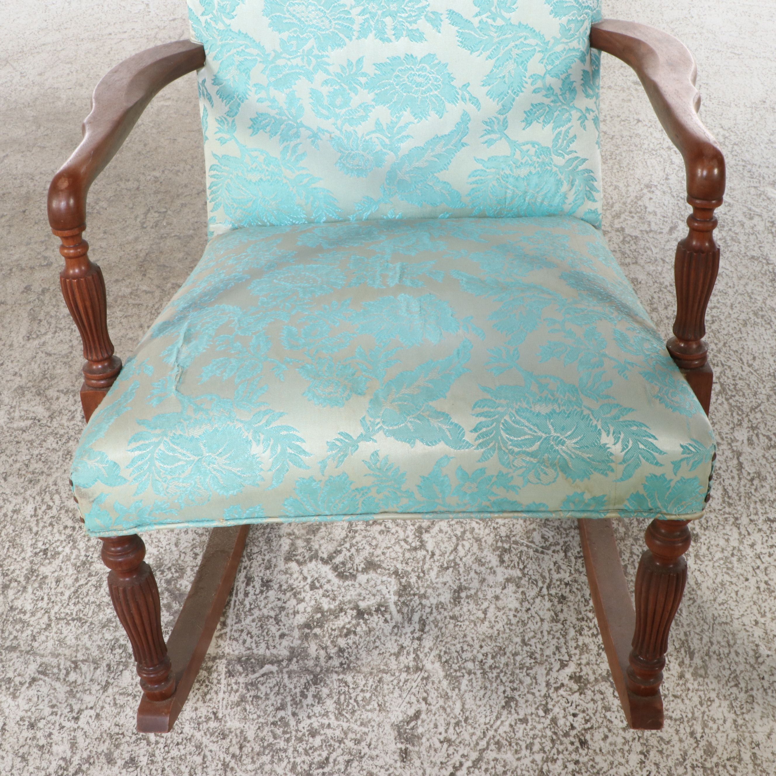 Federal Style Damask Upholstered Mahogany Finish Rocking Chair, 20th Century