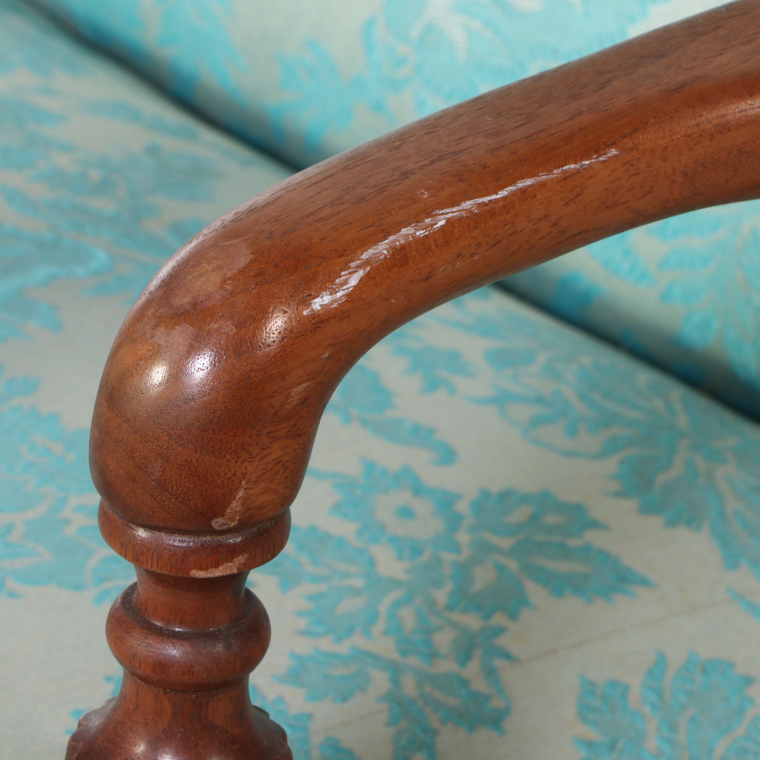 Federal Style Damask Upholstered Mahogany Finish Rocking Chair, 20th Century