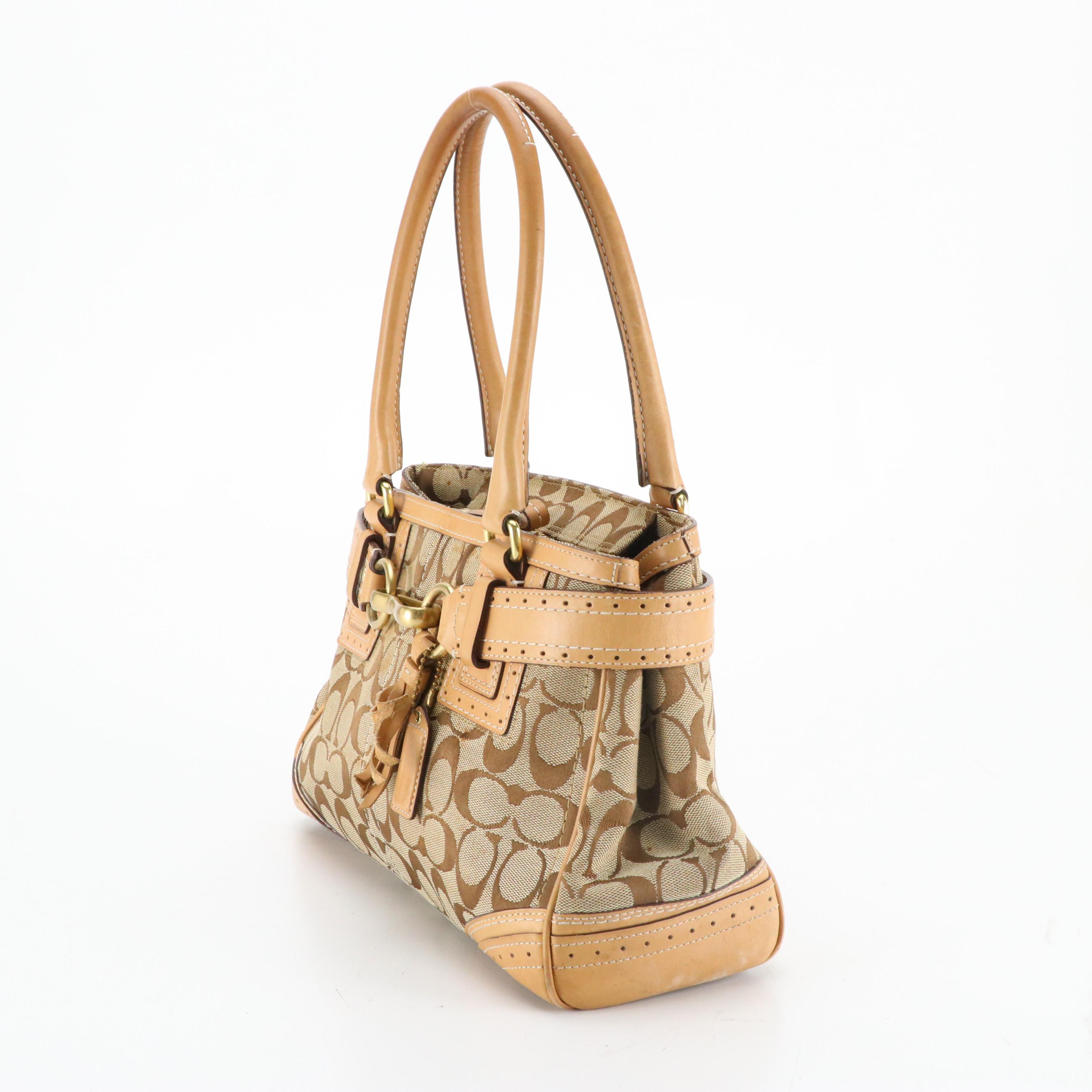 Coach Hampton Classic Satchel in Signature Canvas and Beige Leather
