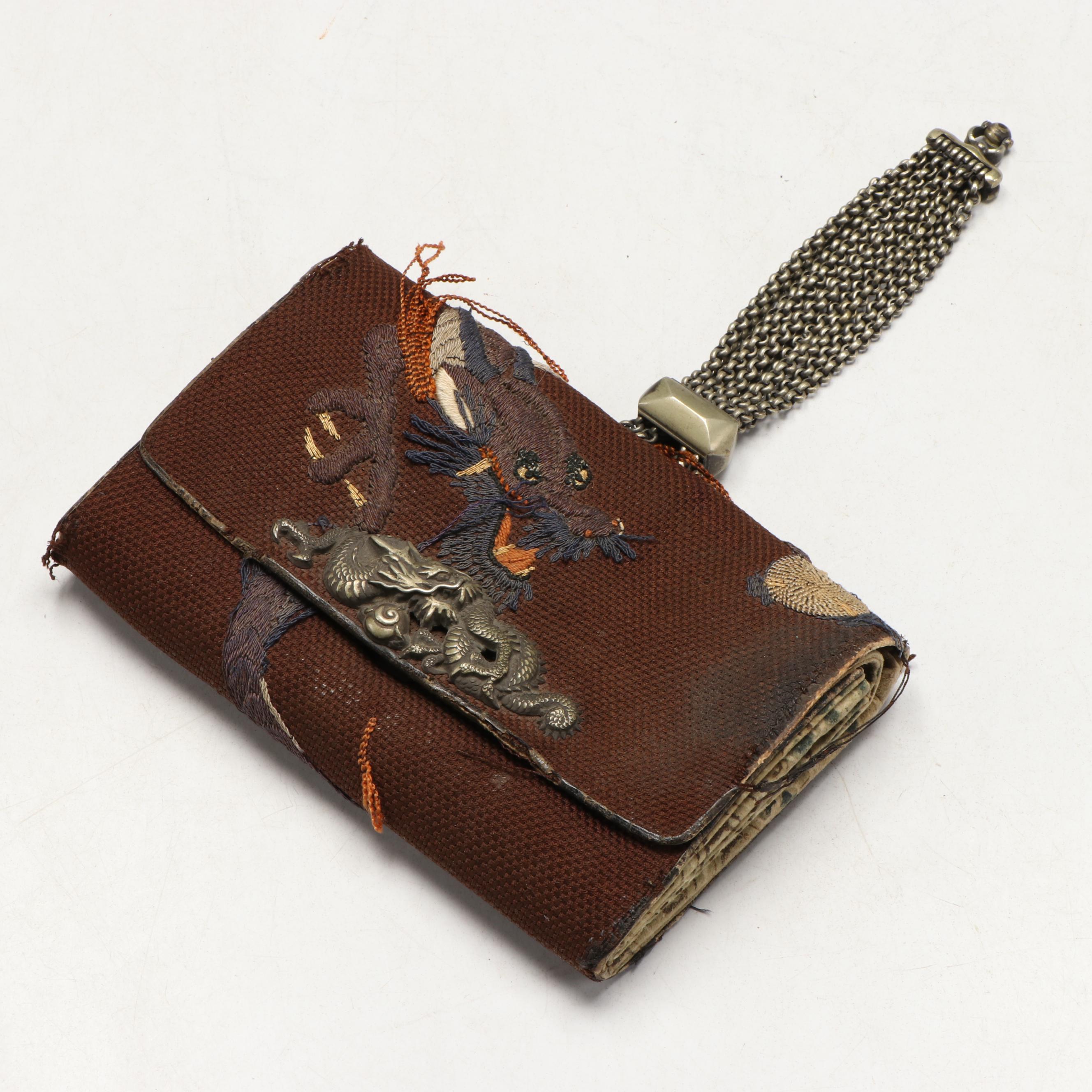 Japanese Embroidered Tobacco Pouch with Singing Bowls