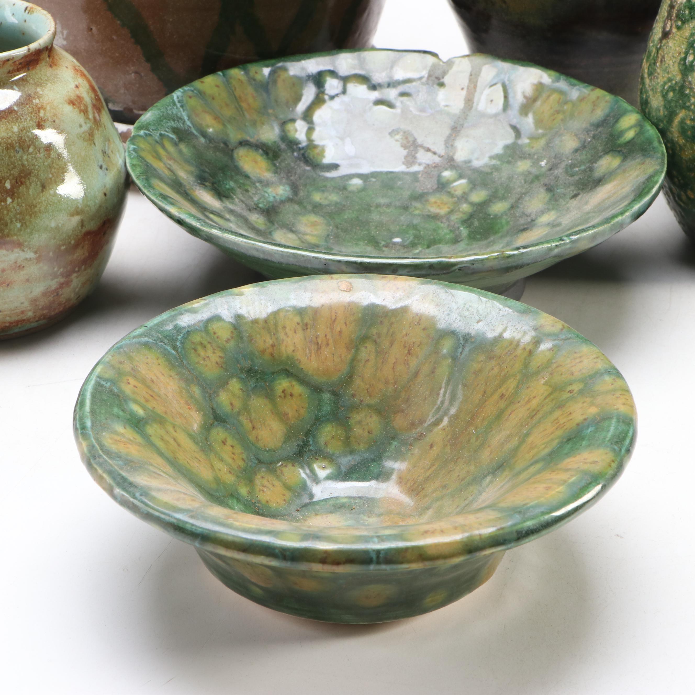 W. Lutz Green Glaze Art Pottery Vases and Bowls