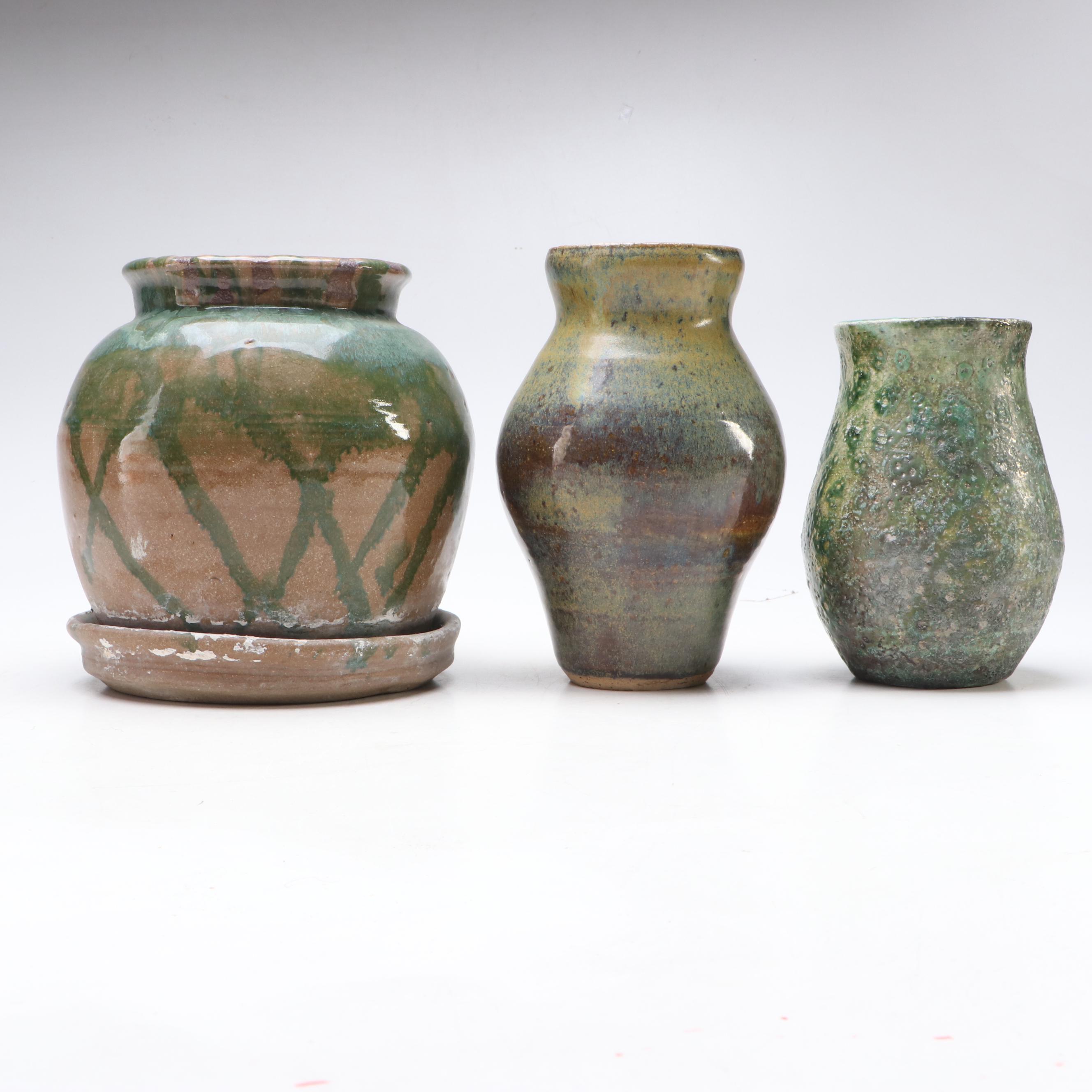 W. Lutz Green Glaze Art Pottery Vases and Bowls