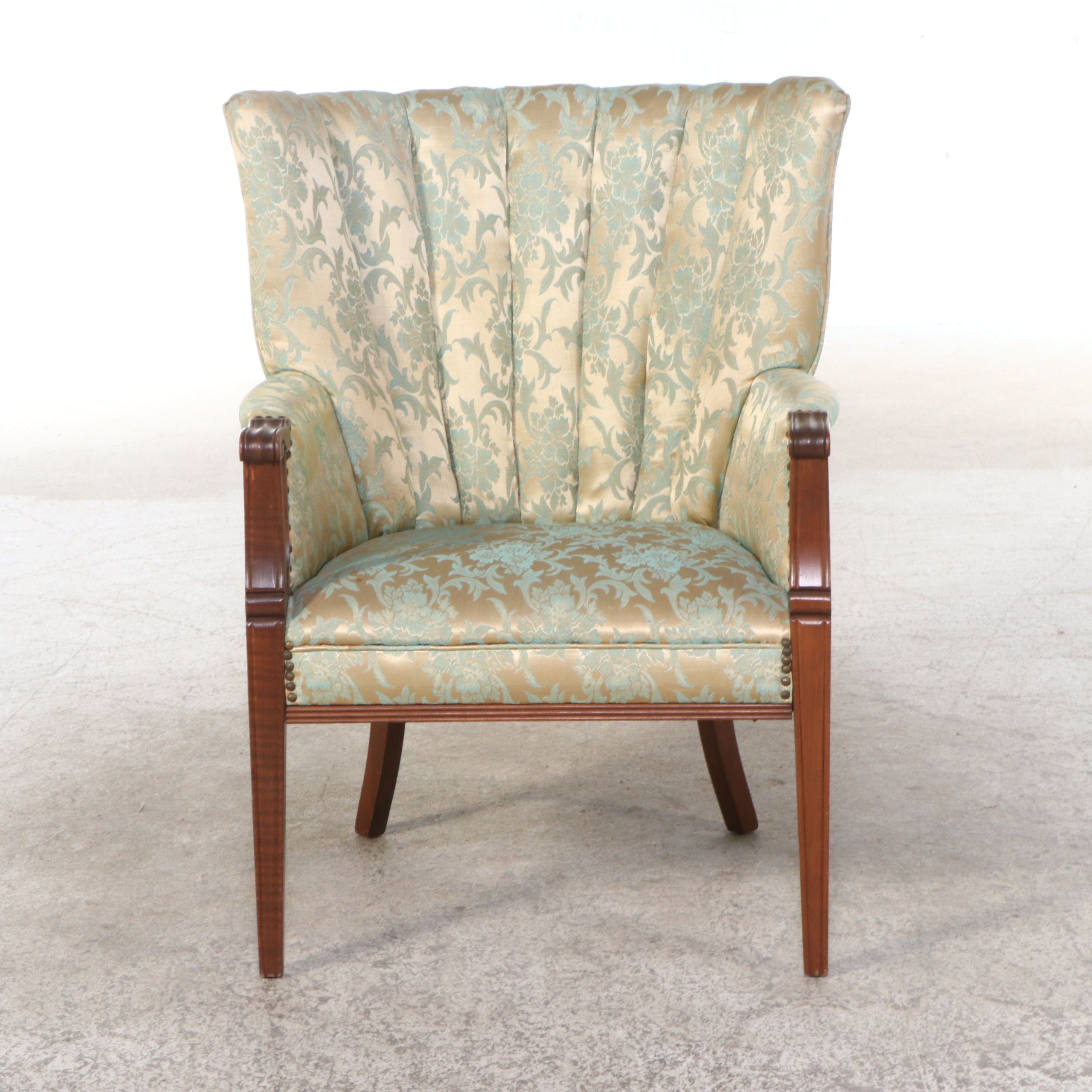 American Art Deco Style Damask Upholstered Channel-Back Armchair