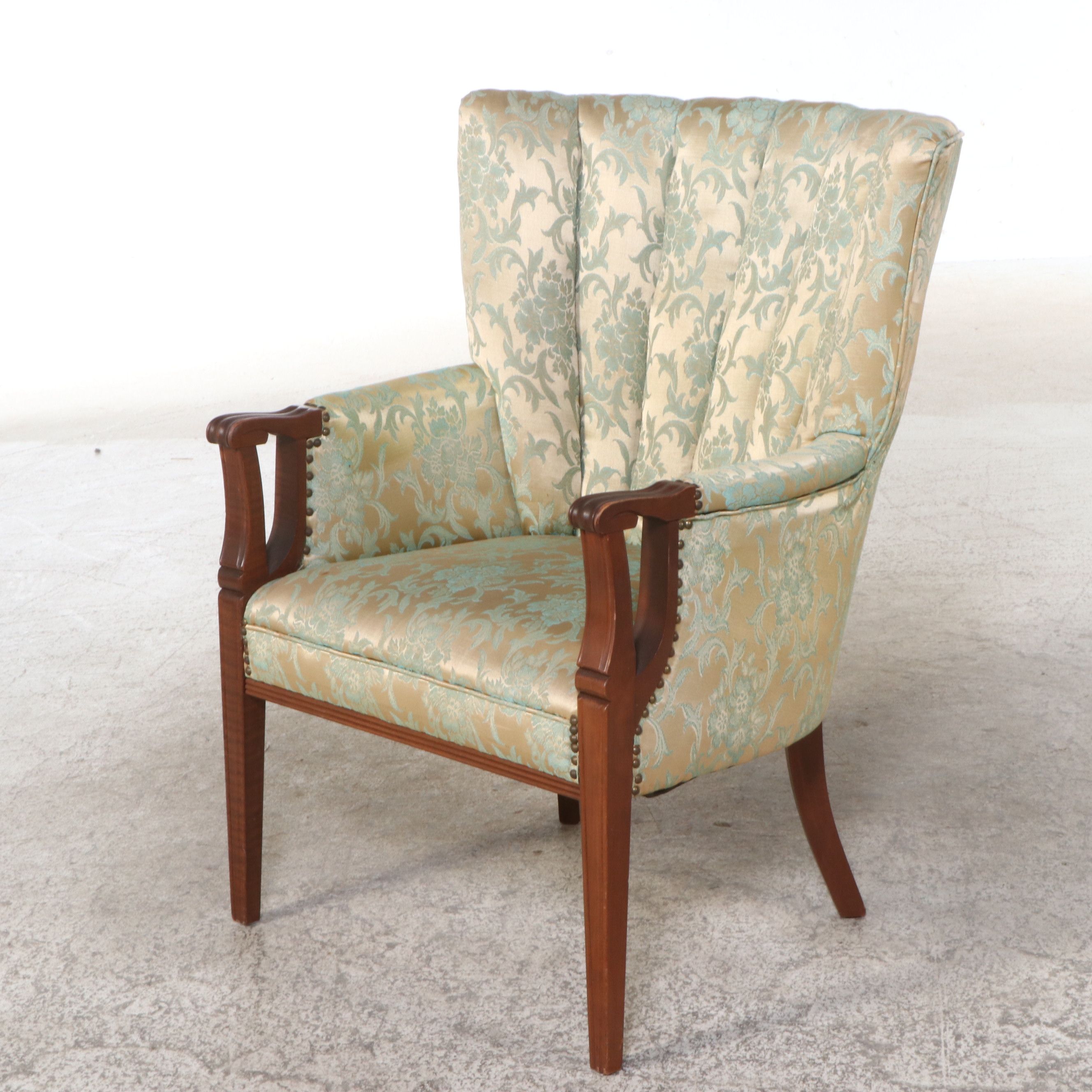 American Art Deco Style Damask Upholstered Channel-Back Armchair