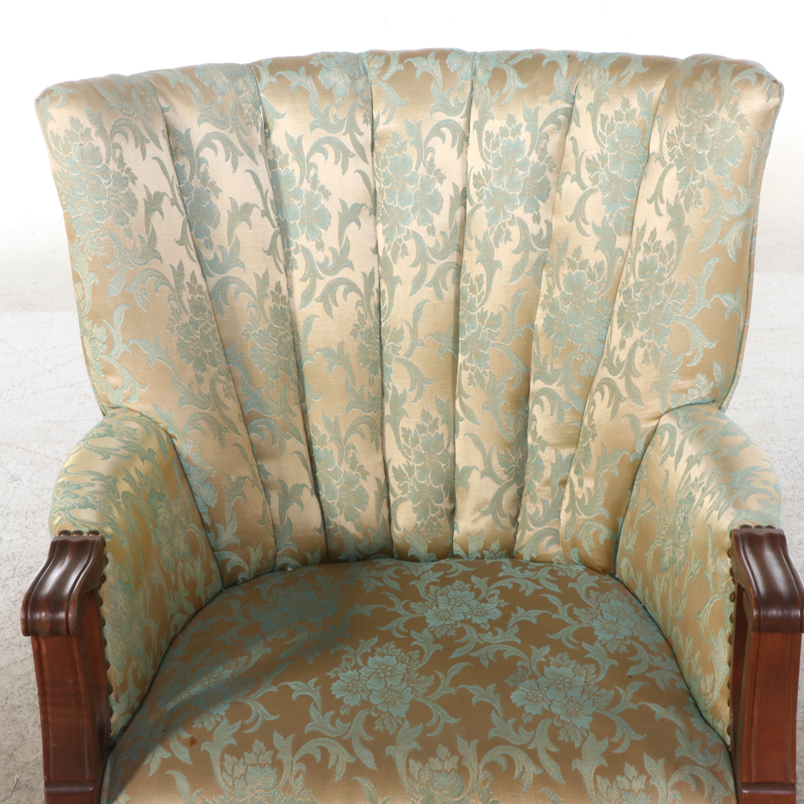 American Art Deco Style Damask Upholstered Channel-Back Armchair