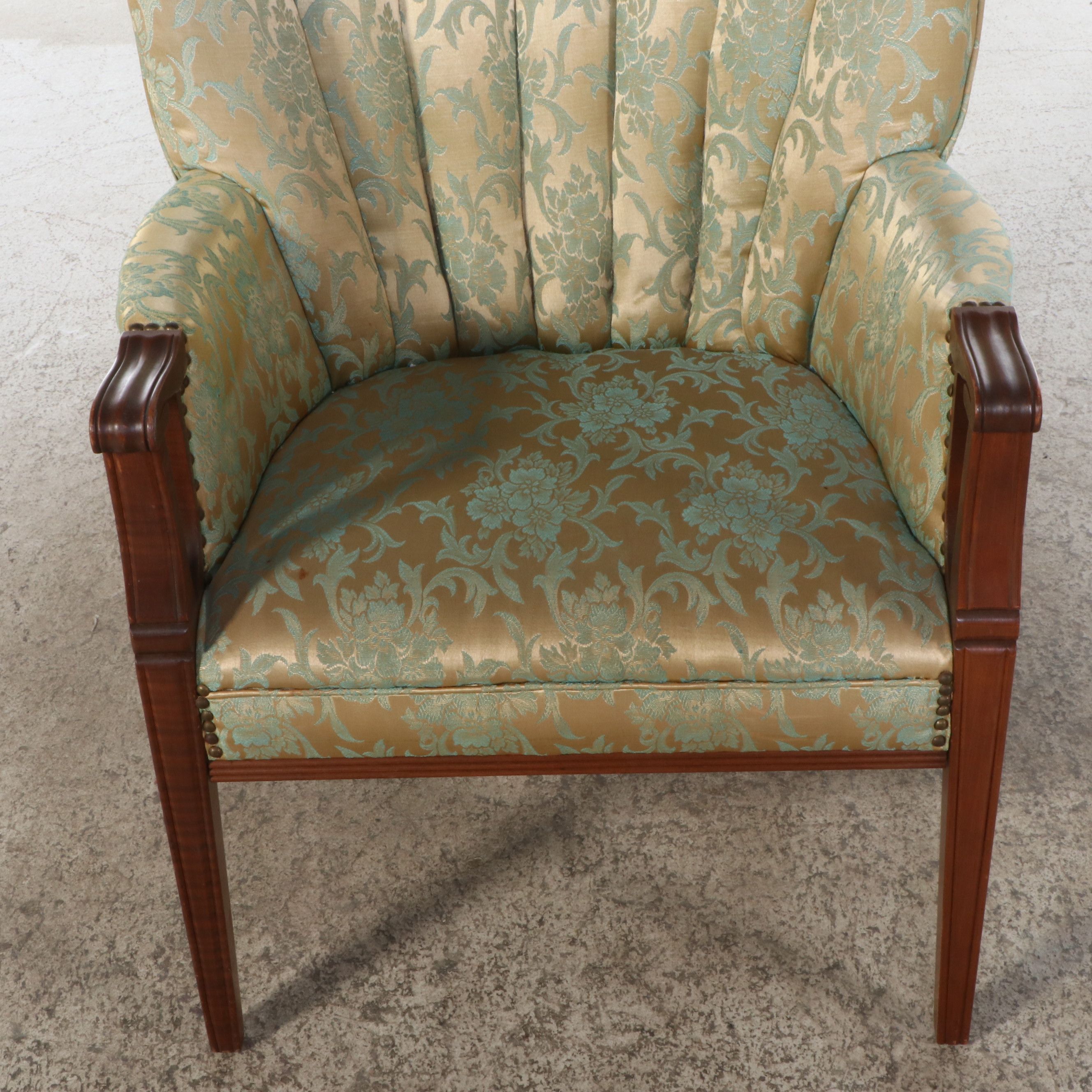 American Art Deco Style Damask Upholstered Channel-Back Armchair