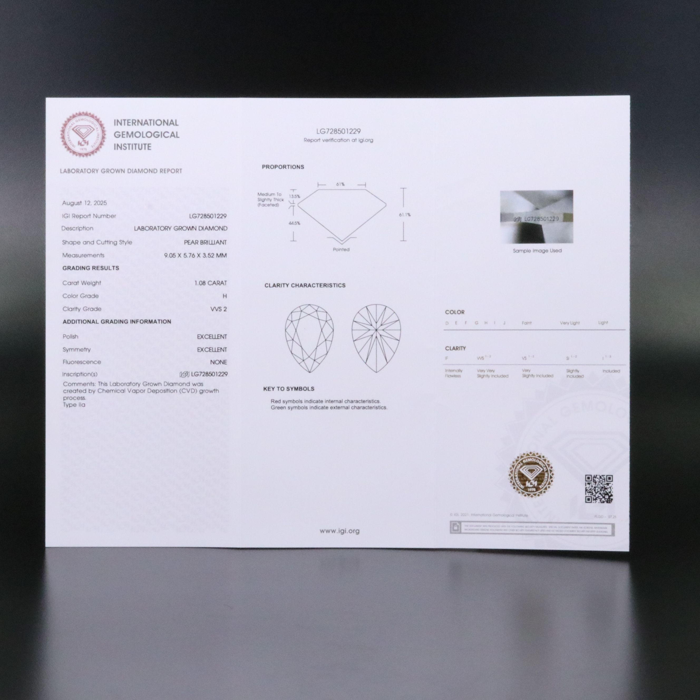 Loose 1.08 CT Lab Grown Diamond with IGI Report