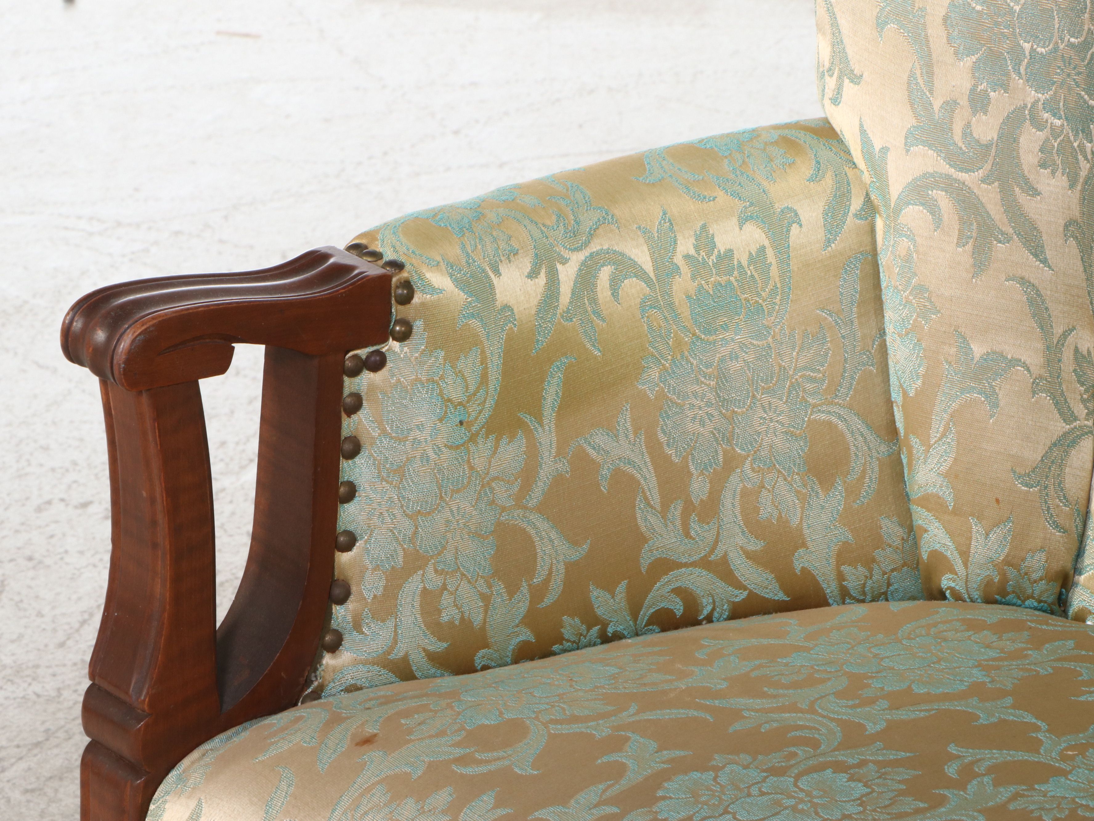 American Art Deco Style Damask Upholstered Channel-Back Armchair