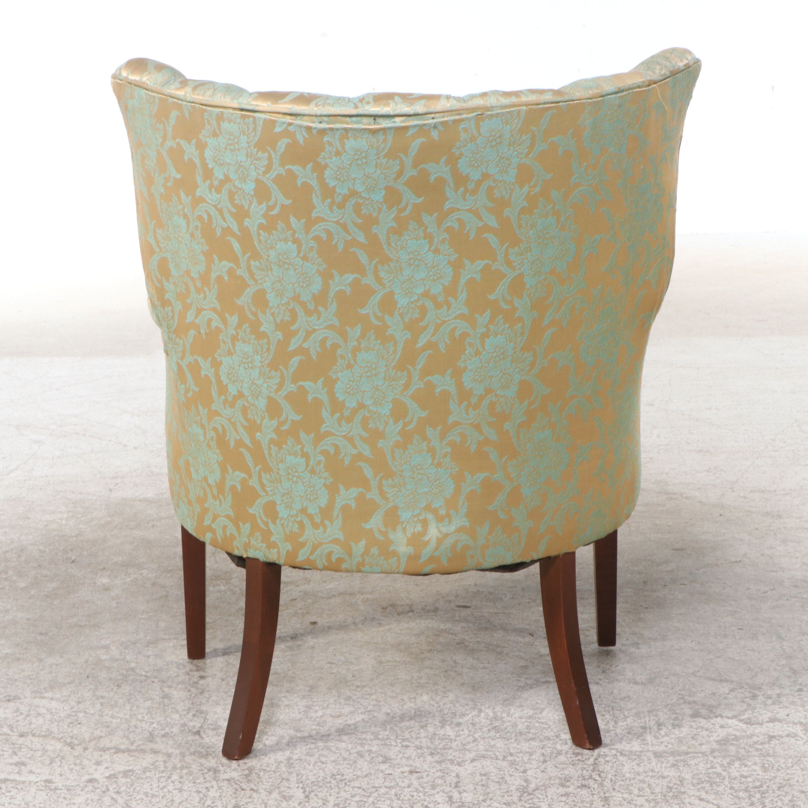 American Art Deco Style Damask Upholstered Channel-Back Armchair