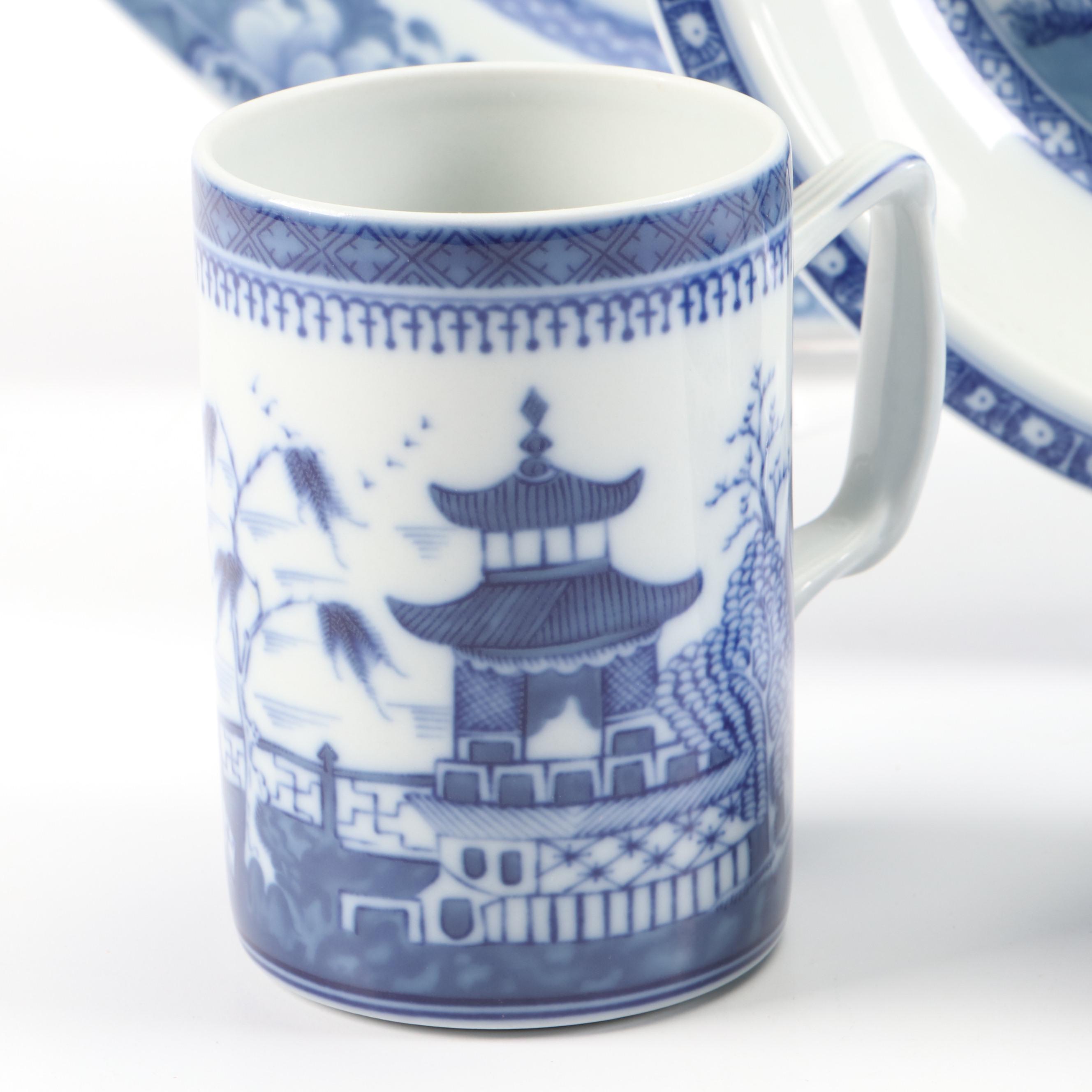 Mottahedeh Flow Blue "Blue Canton" Porcelain Platters and Cups