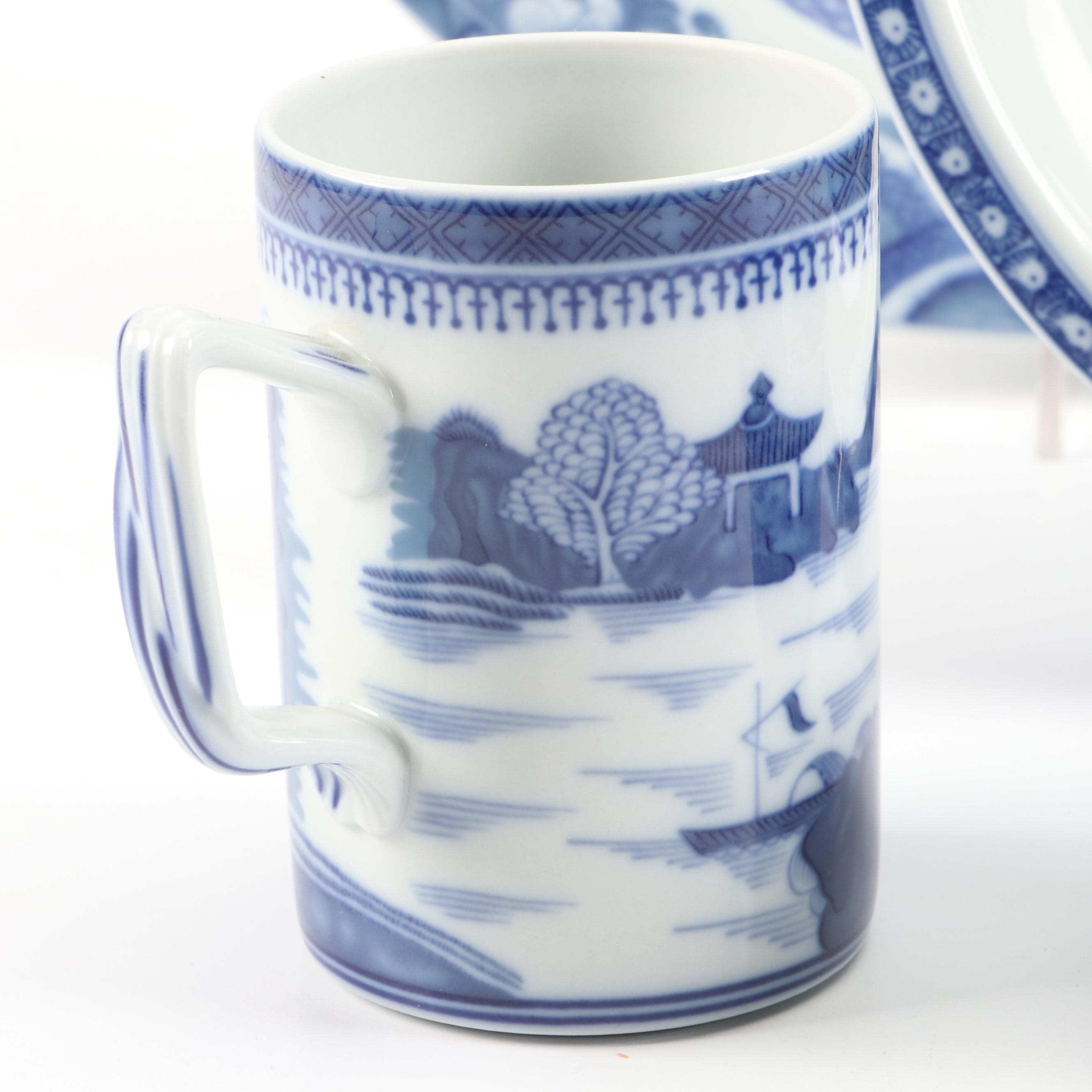 Mottahedeh Flow Blue "Blue Canton" Porcelain Platters and Cups