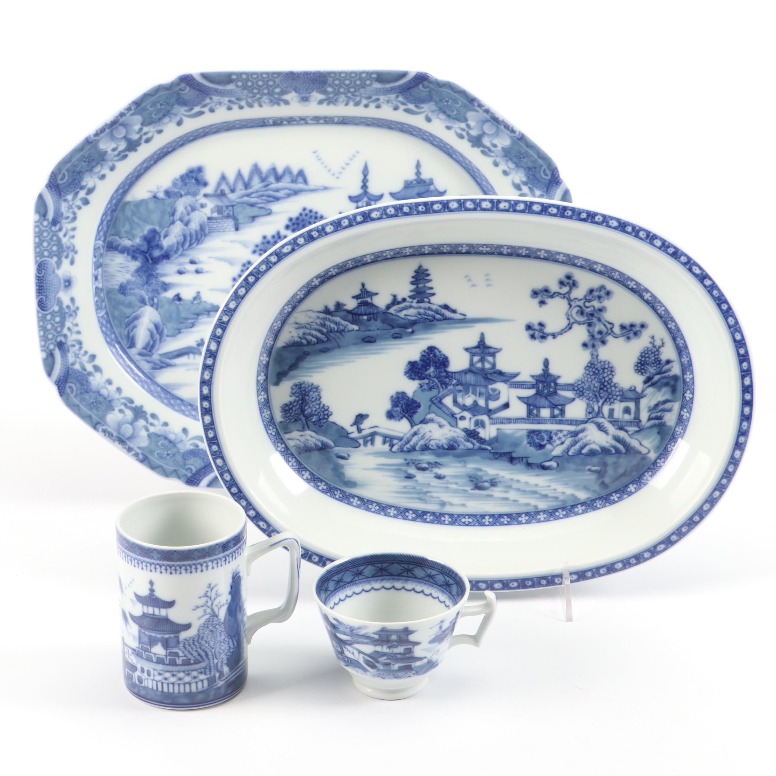 Mottahedeh Flow Blue "Blue Canton" Porcelain Platters and Cups