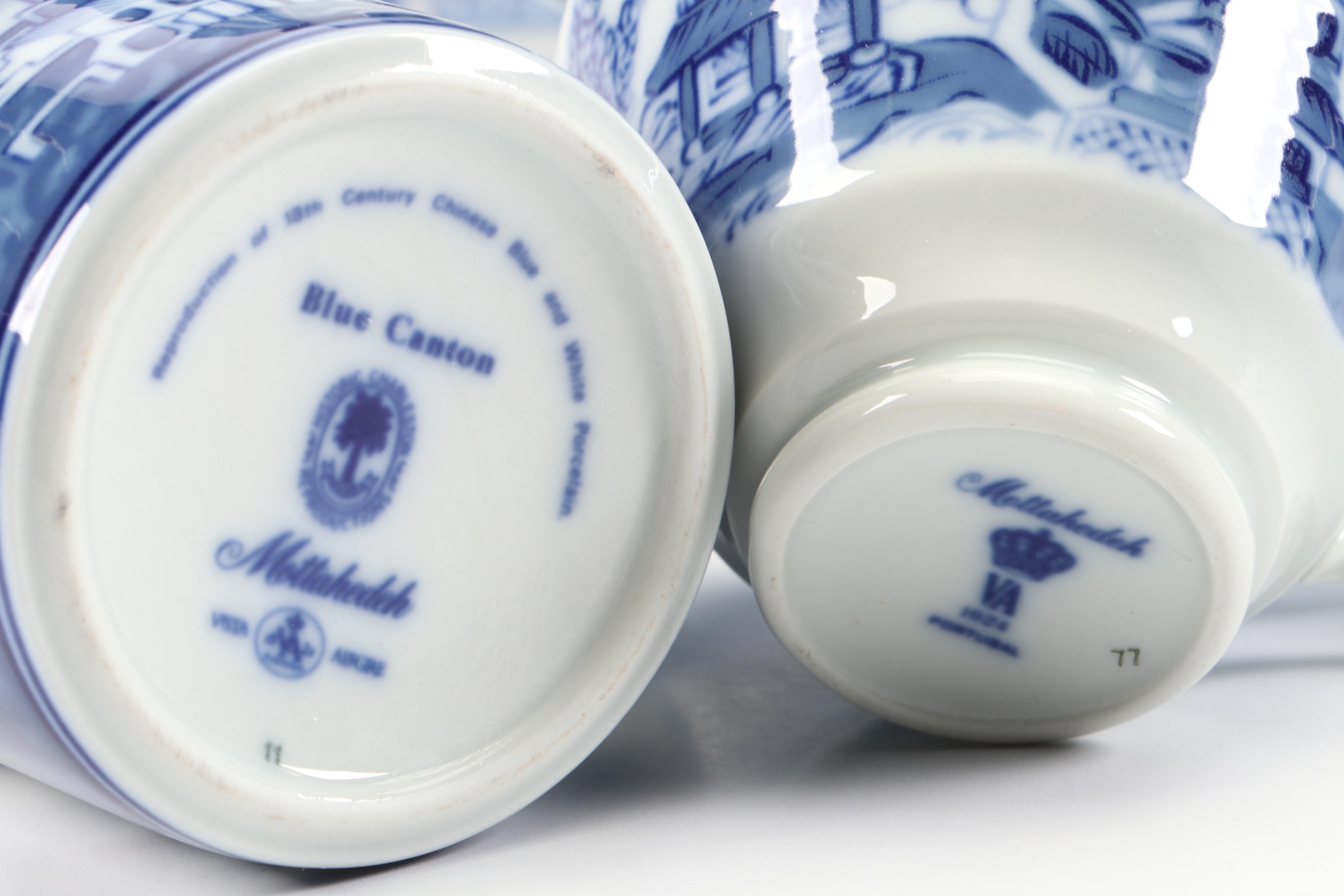 Mottahedeh Flow Blue "Blue Canton" Porcelain Platters and Cups