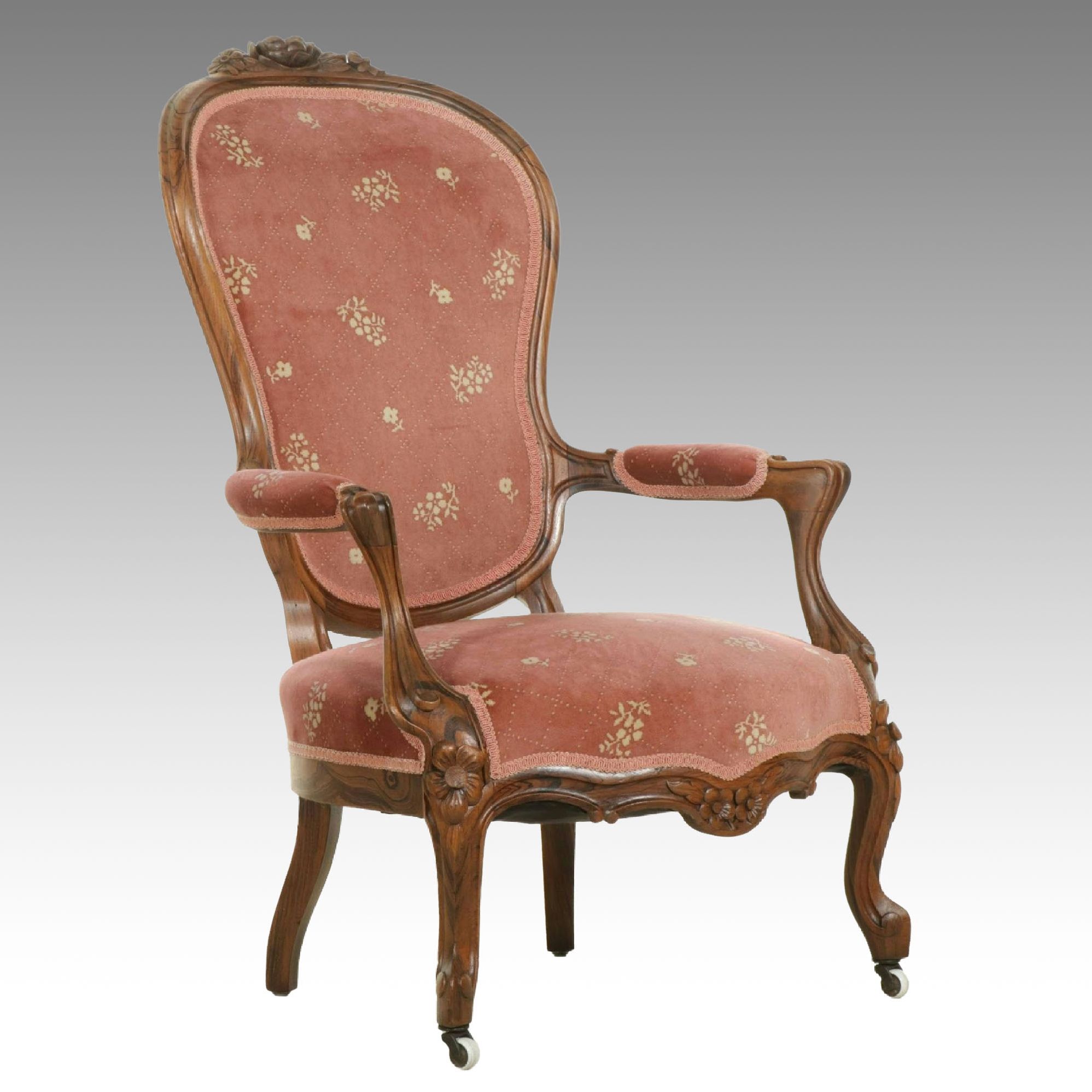 Victorian Carved Rosewood Upholstered Armchair, Early 20th Century
