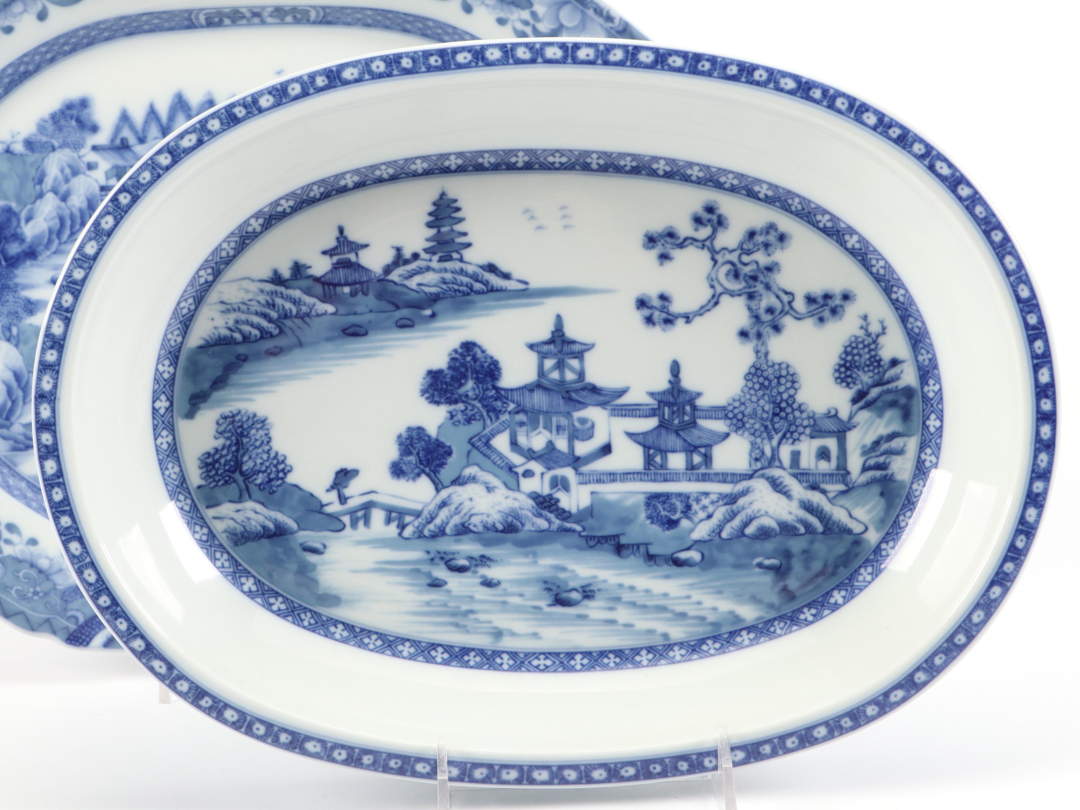 Mottahedeh Flow Blue "Blue Canton" Porcelain Platters and Cups