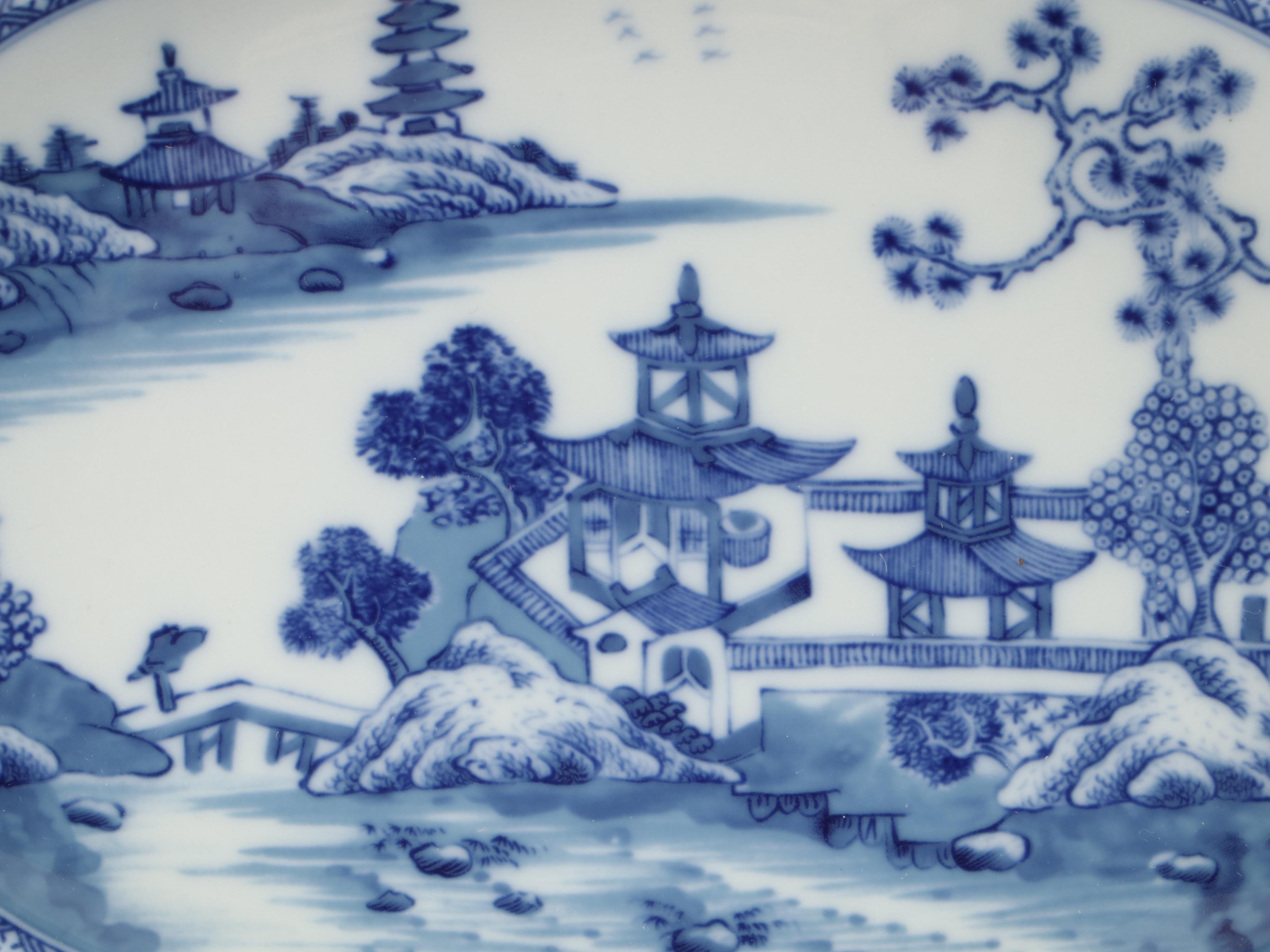 Mottahedeh Flow Blue "Blue Canton" Porcelain Platters and Cups