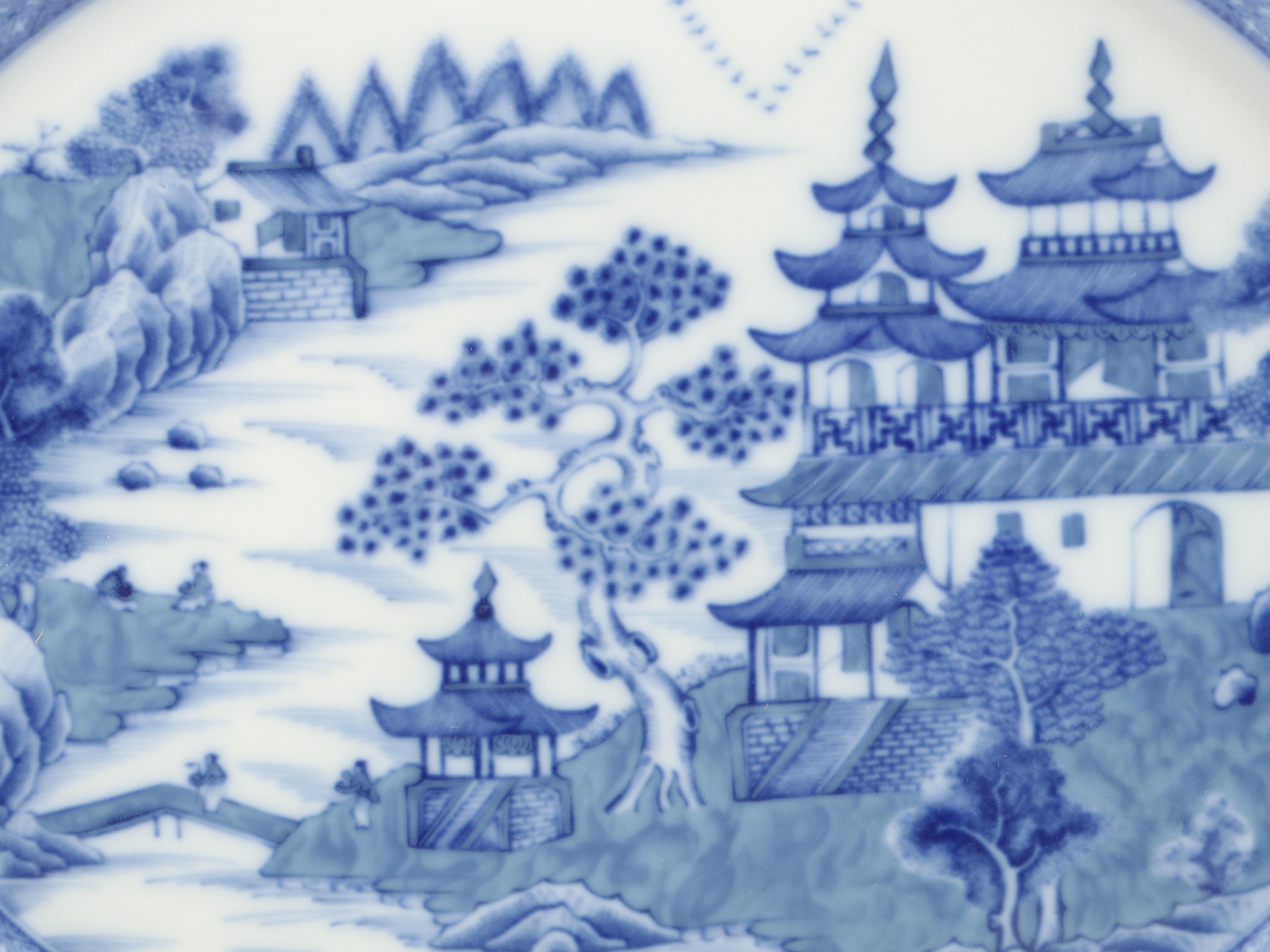 Mottahedeh Flow Blue "Blue Canton" Porcelain Platters and Cups