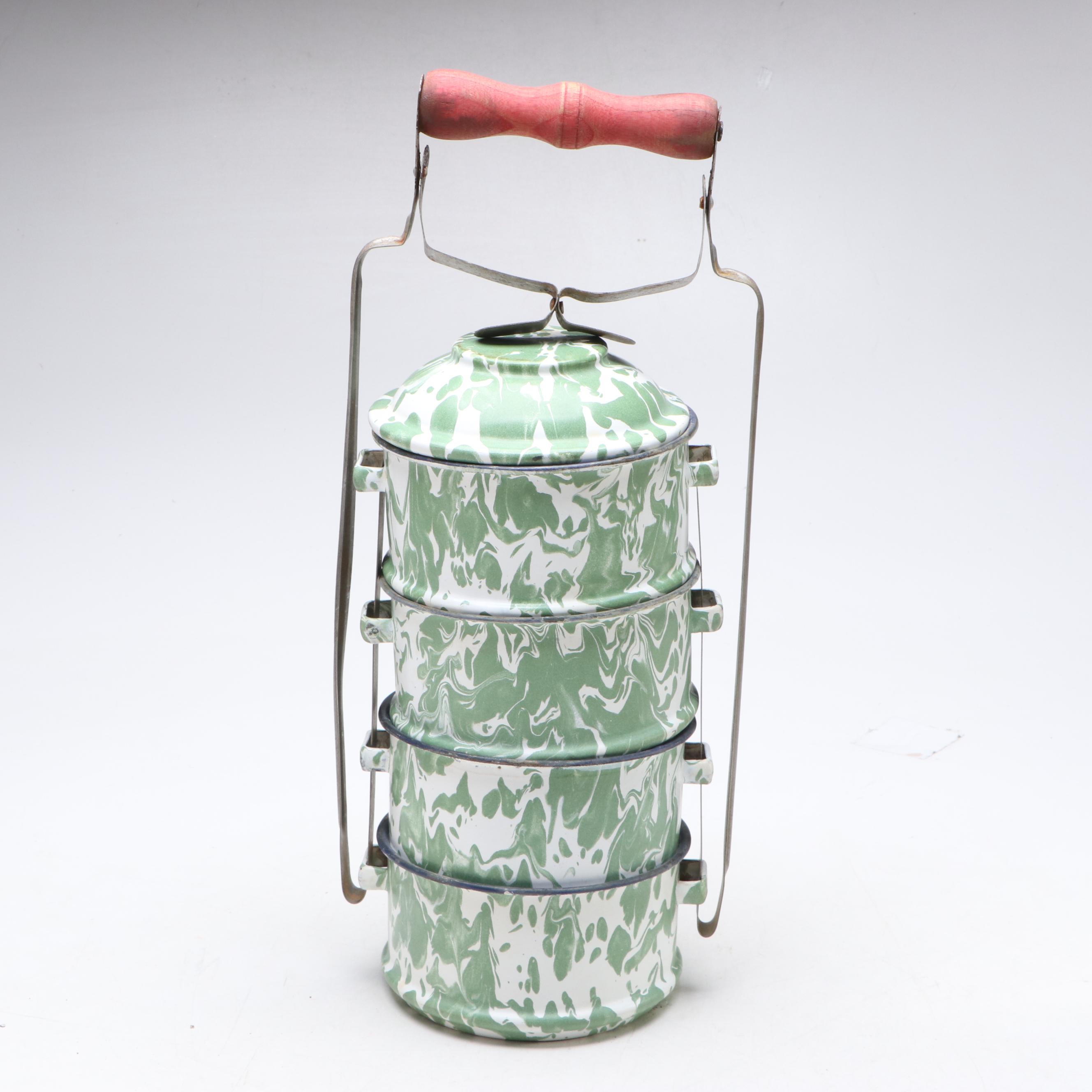 Green White Swirl Enamelware Graniteware Tiffin with Melon Shaped Mold