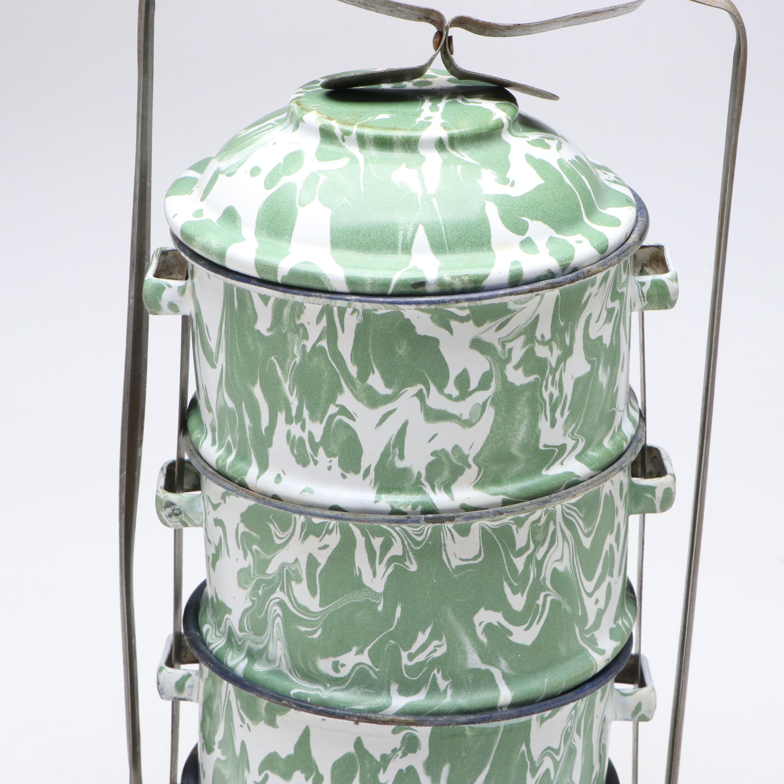 Green White Swirl Enamelware Graniteware Tiffin with Melon Shaped Mold