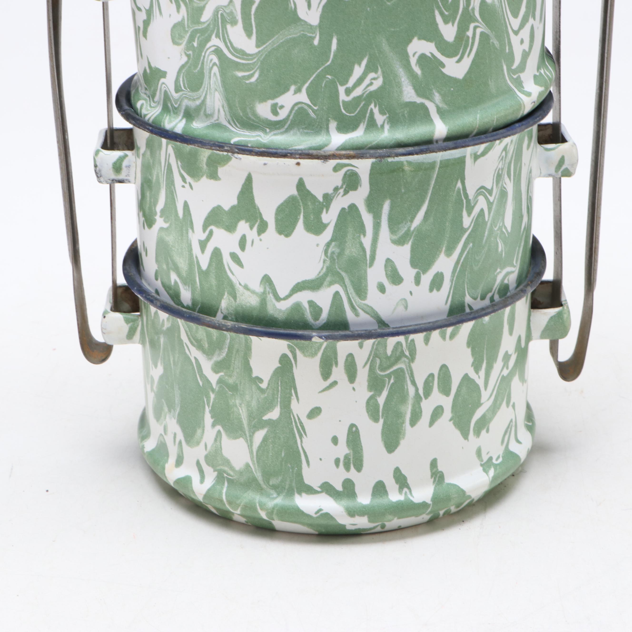 Green White Swirl Enamelware Graniteware Tiffin with Melon Shaped Mold