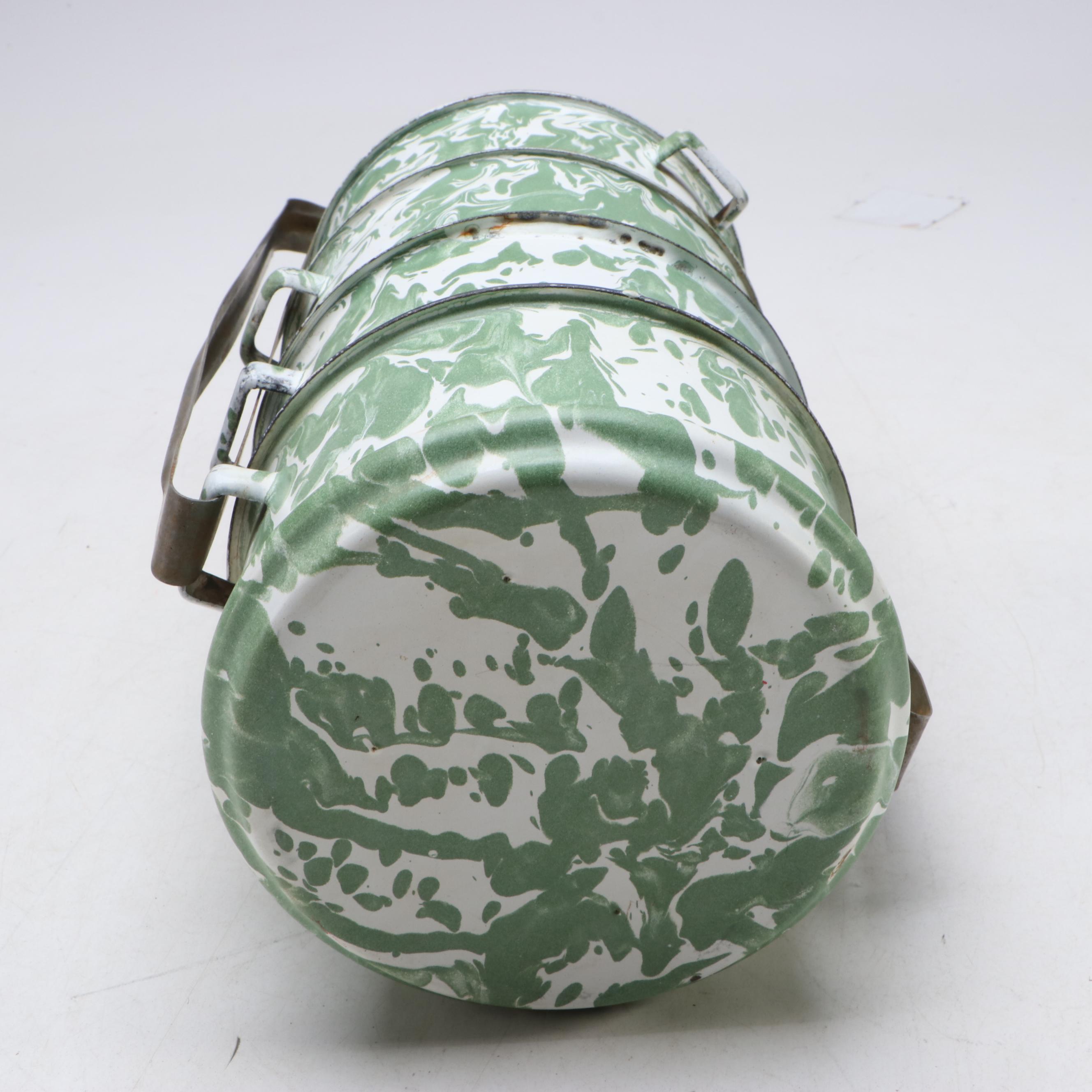 Green White Swirl Enamelware Graniteware Tiffin with Melon Shaped Mold