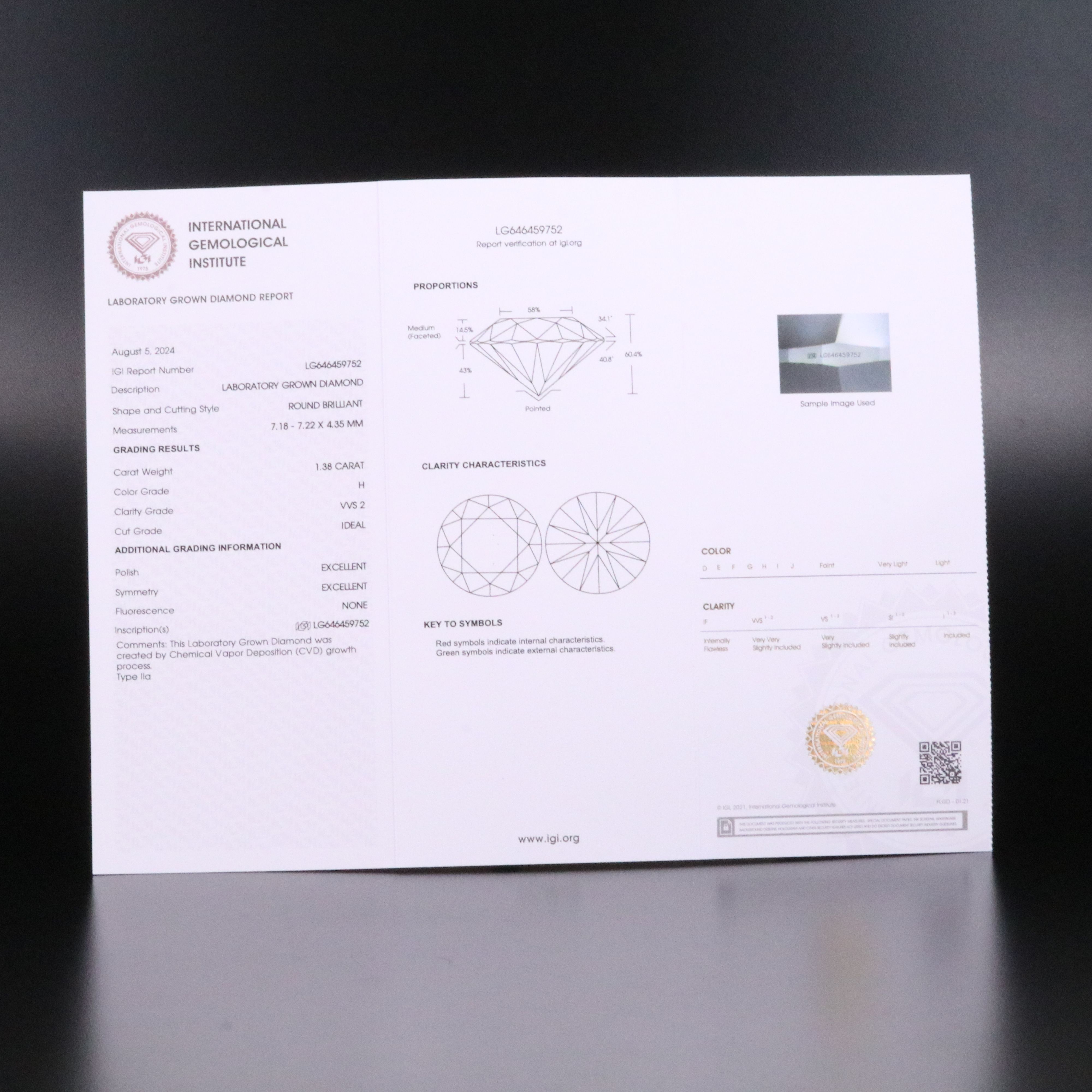 Loose 1.38 CT Lab Grown Diamond with IGI Report