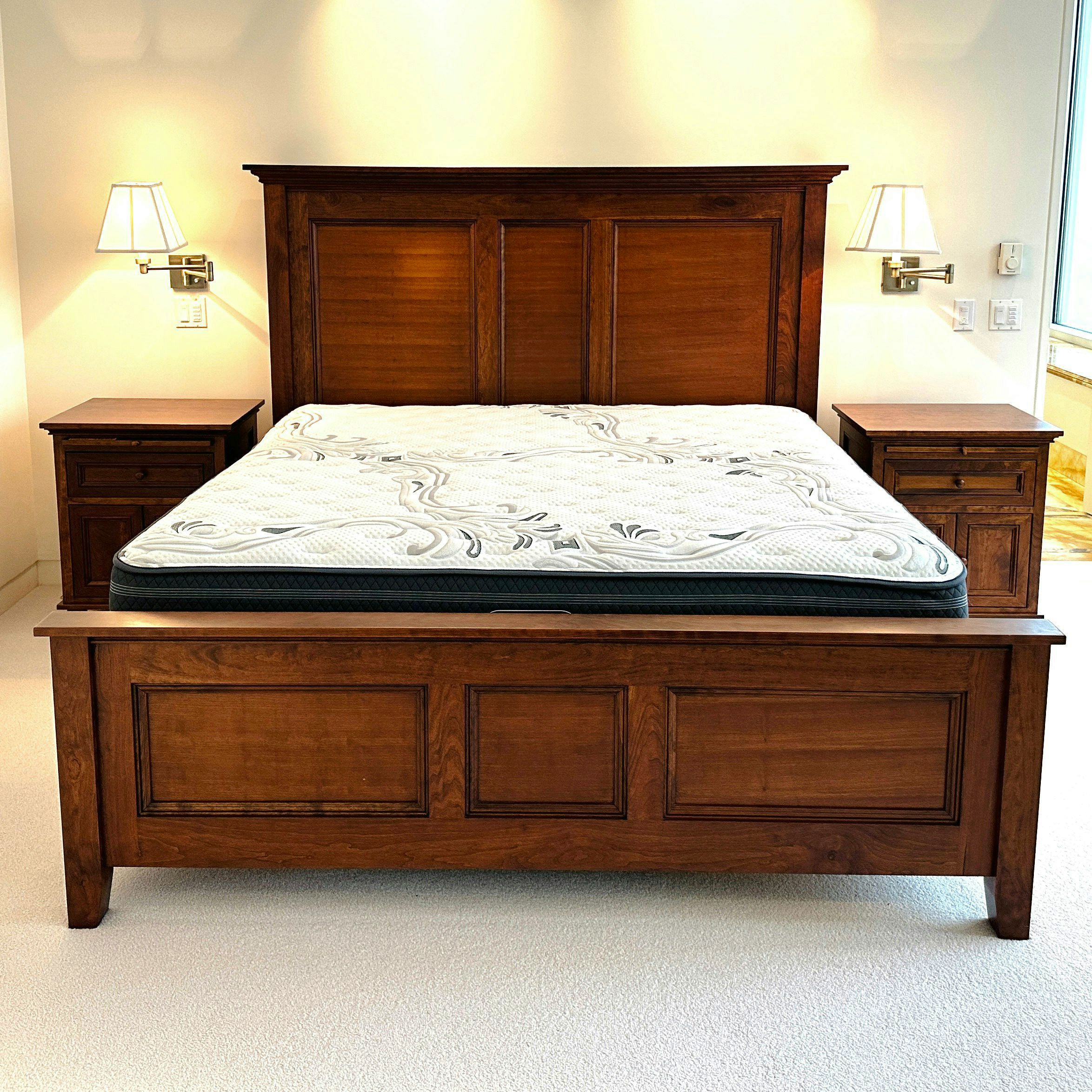 Shaker Style Cherry Finish Bed Frame with Coordinating Nightstands