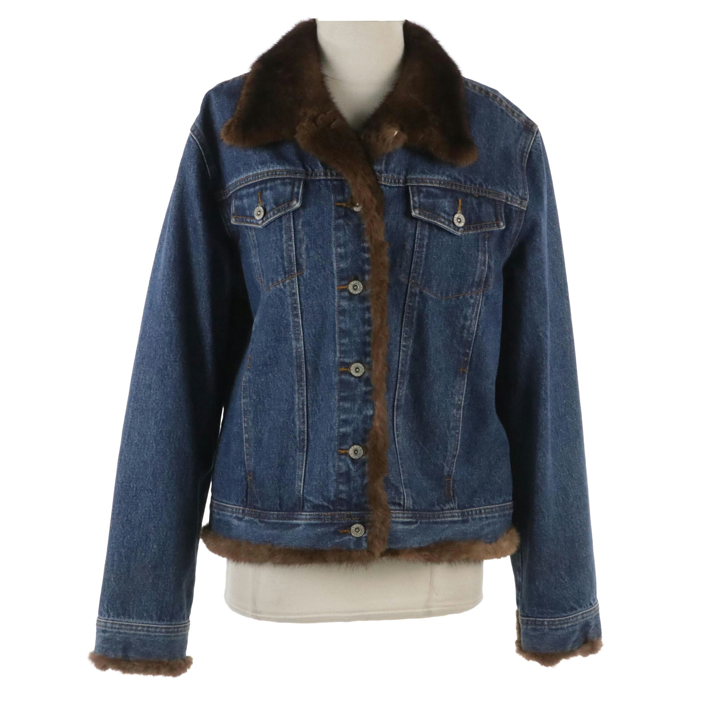 Jean Crisan Fourrure Blue Denim Jean Jacket with Natural Demi-Buff Mink Fur Trim