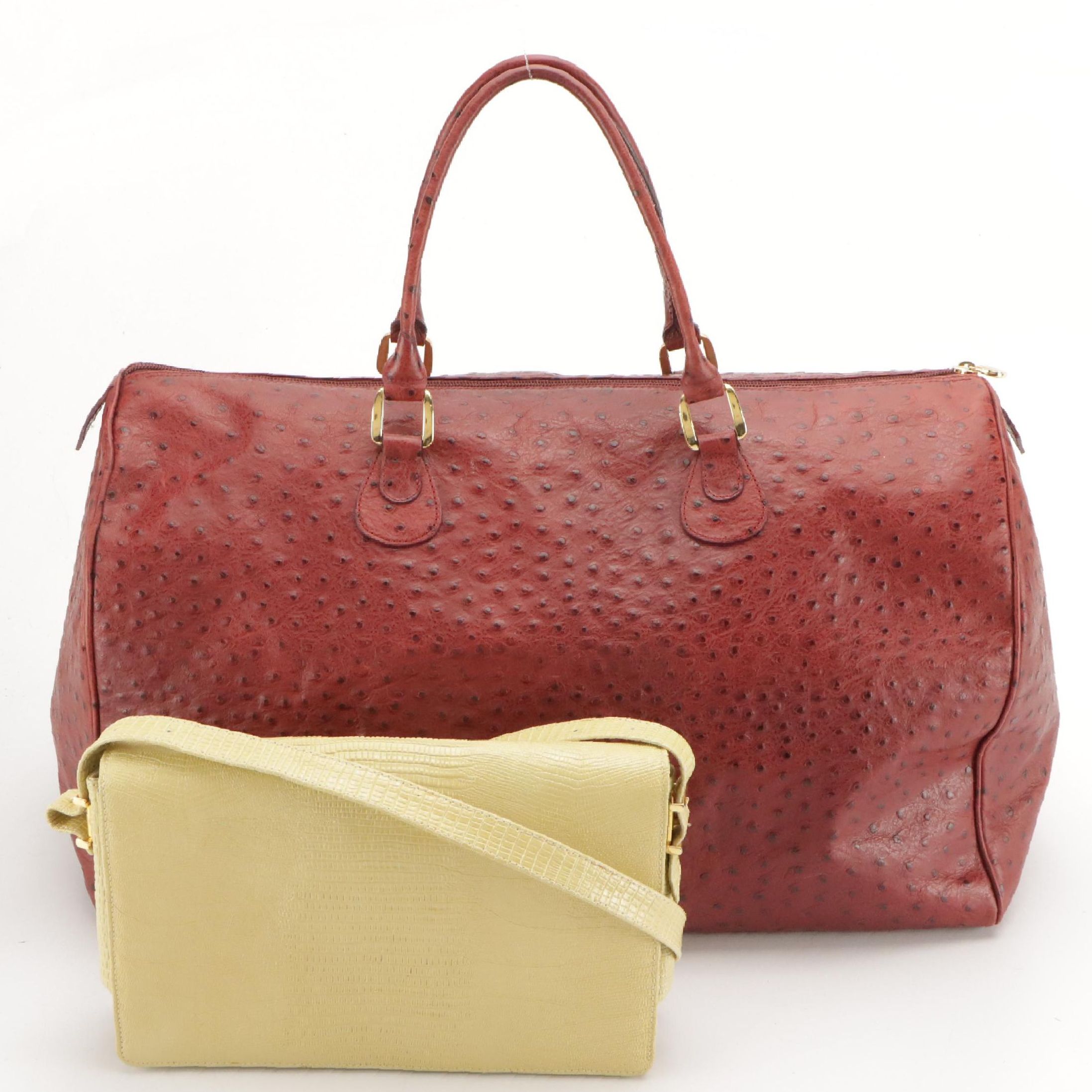 I Santi Vintage Red Ostrich Leather Duffel Bag, Koret Yellow Lizard Skin Bag