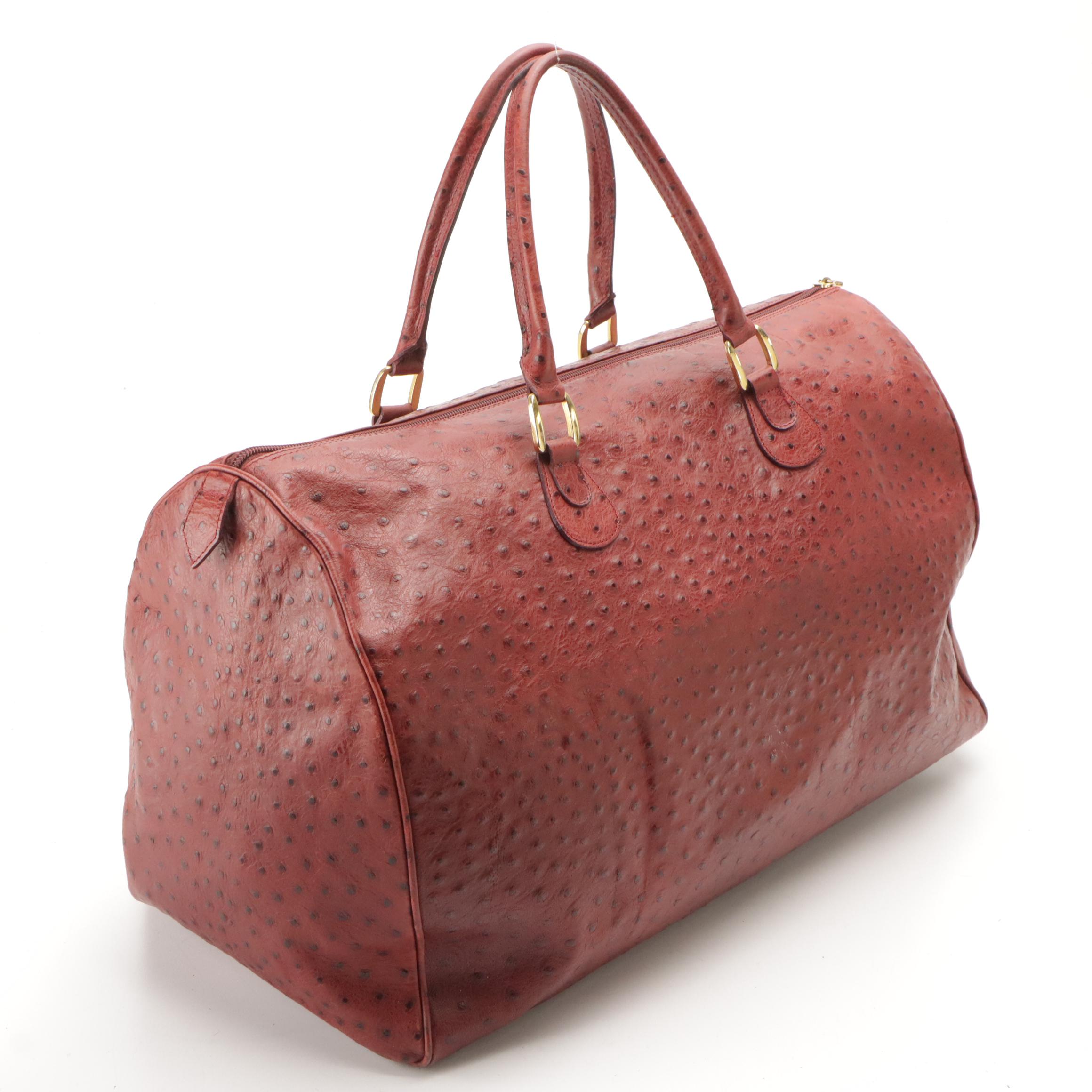I Santi Vintage Red Ostrich Leather Duffel Bag, Koret Yellow Lizard Skin Bag