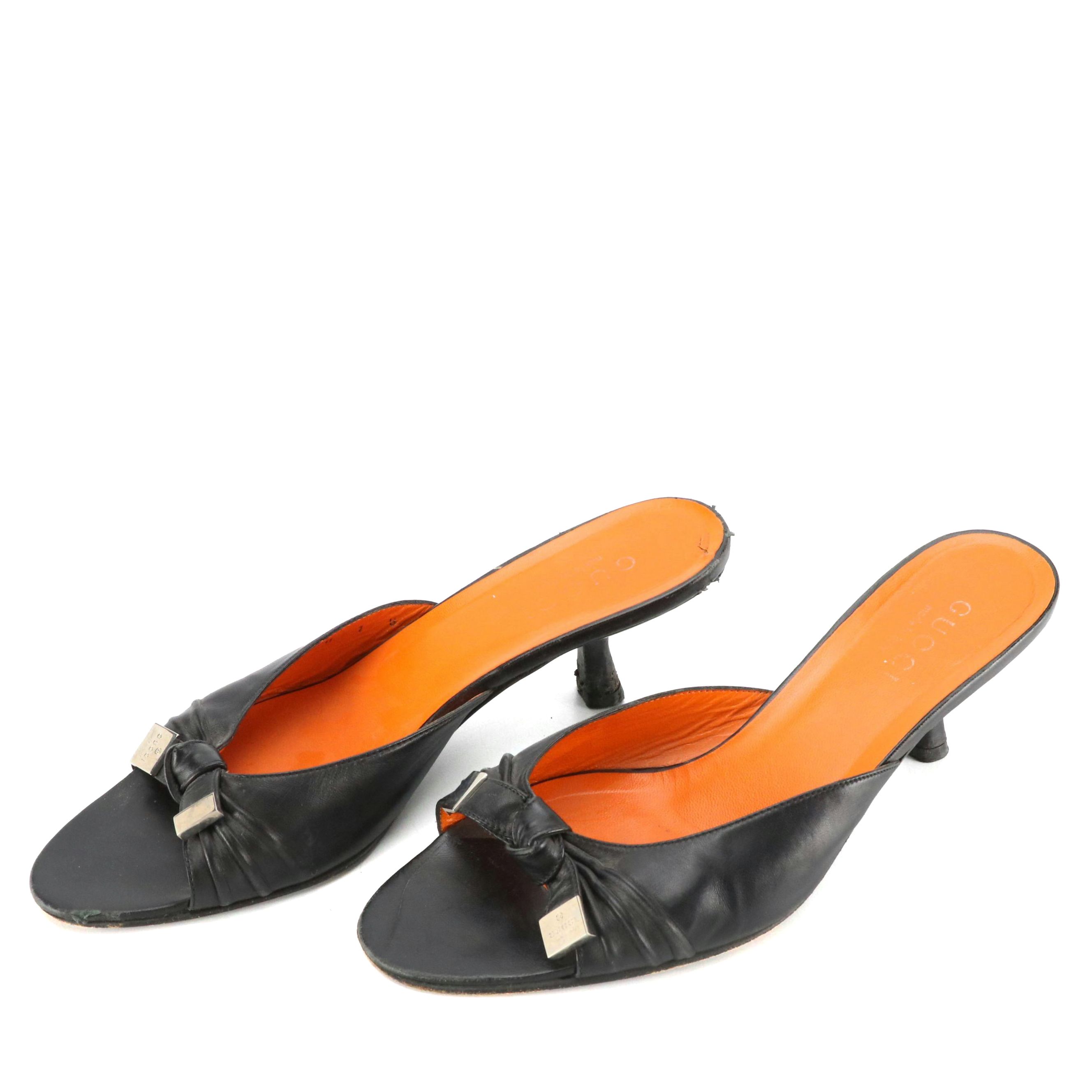 Gucci by Tom Ford Black Leather Peep-Toe Kitten Heels with Bow Details