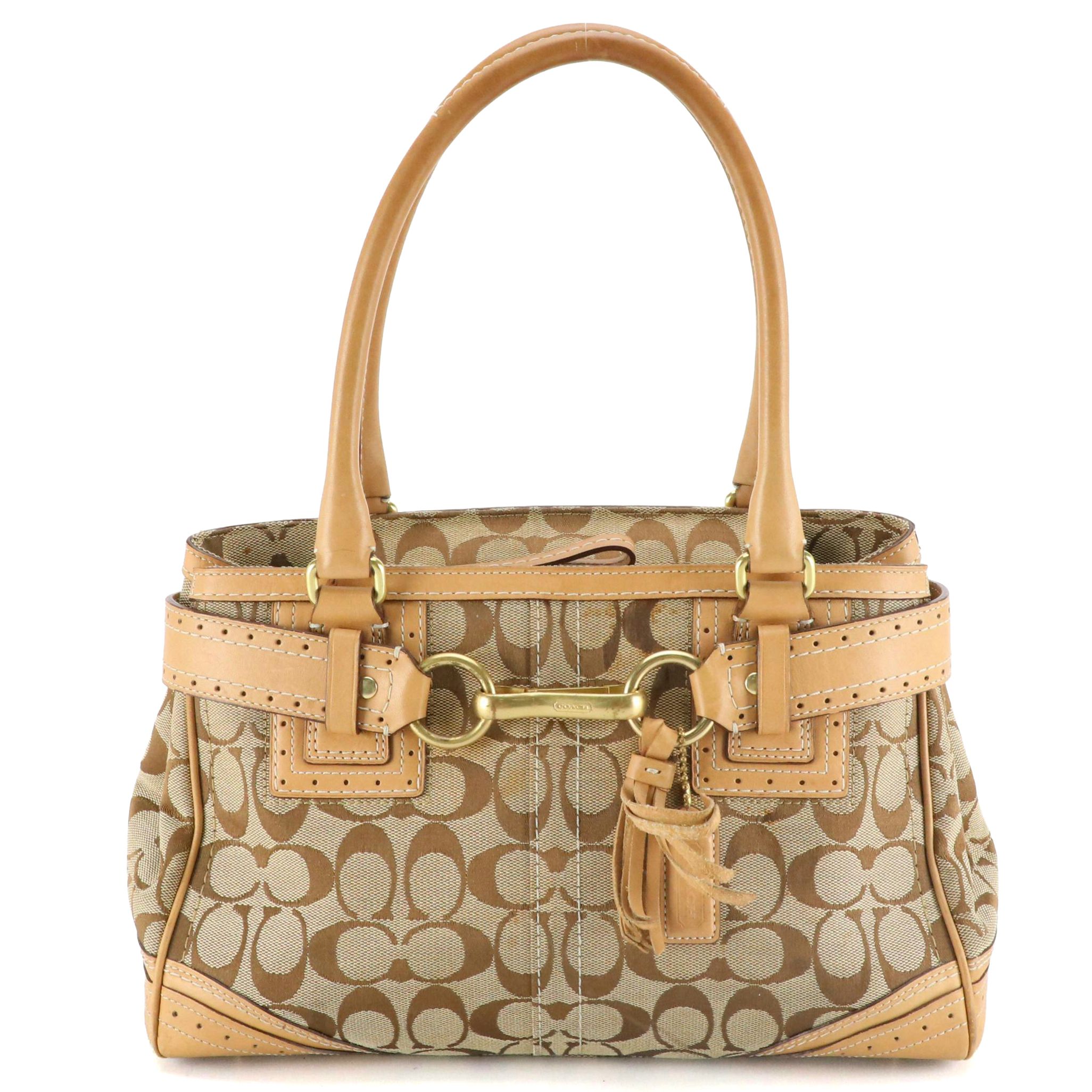Coach Hampton Classic Satchel in Signature Canvas and Beige Leather