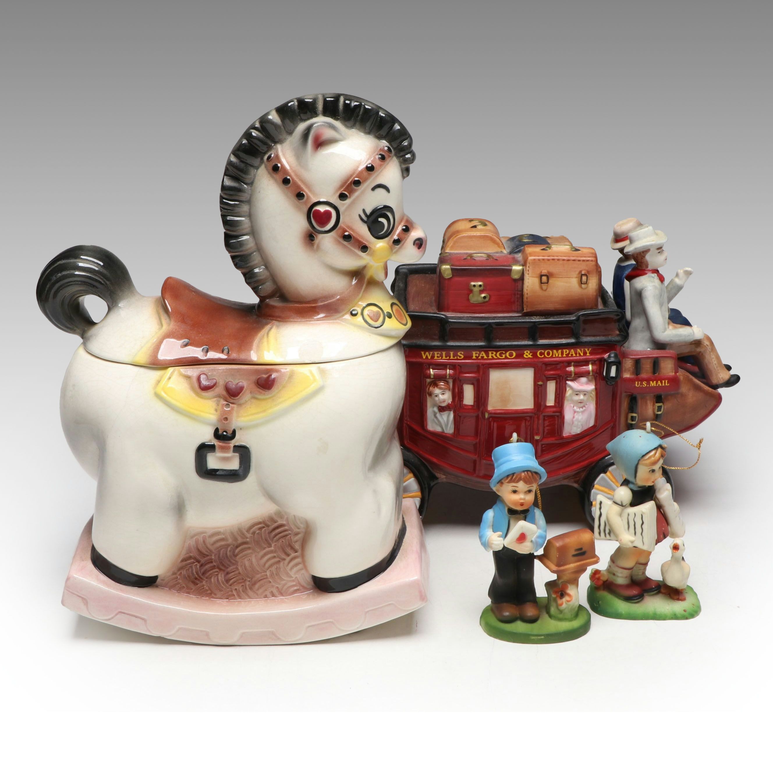 Wells Fargo Stagecoach and Rocking Horse Cookie Jars with Kurt Adler Ornaments