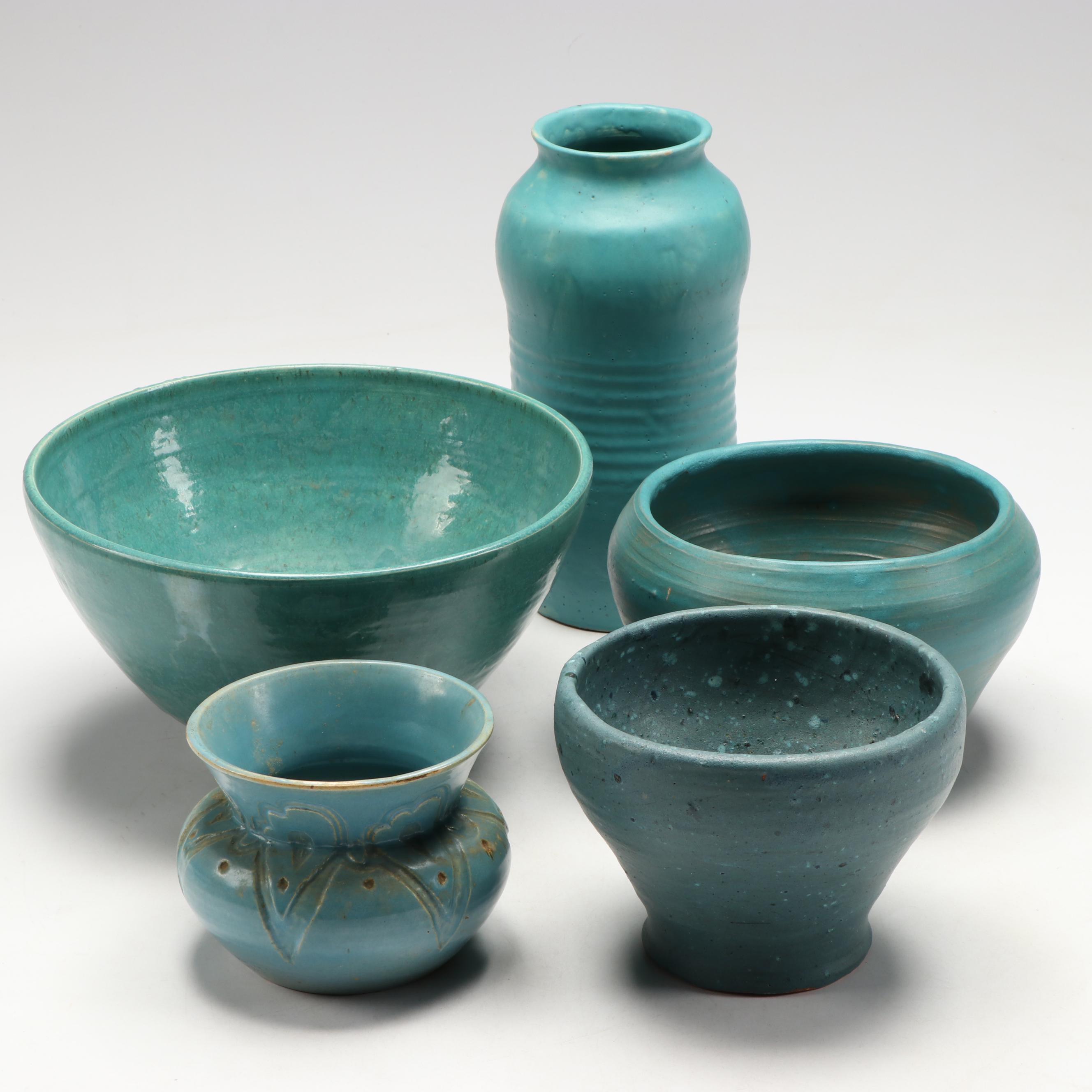 Artist Signed Art Pottery Turquoise Glaze Bowls and Vases