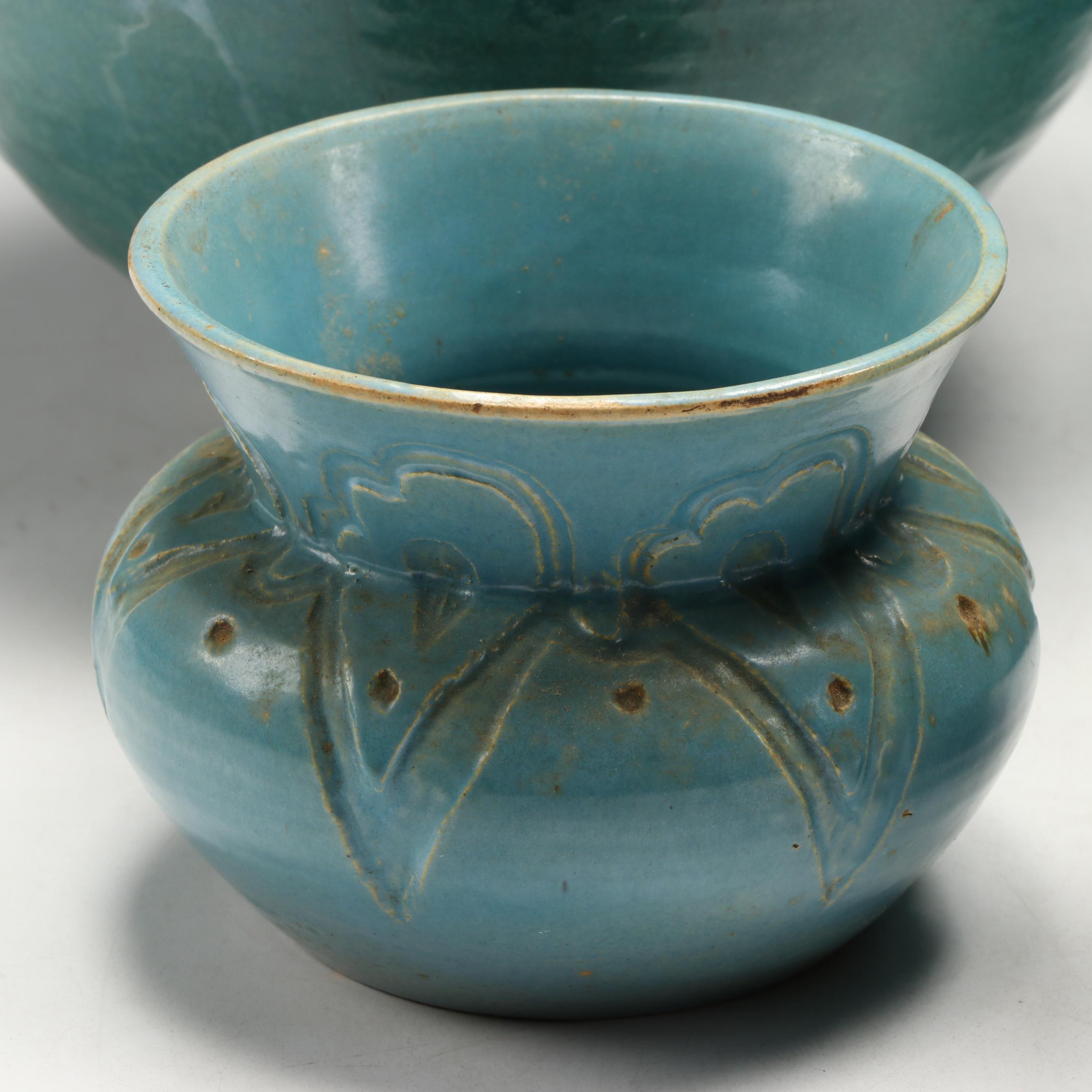 Artist Signed Art Pottery Turquoise Glaze Bowls and Vases