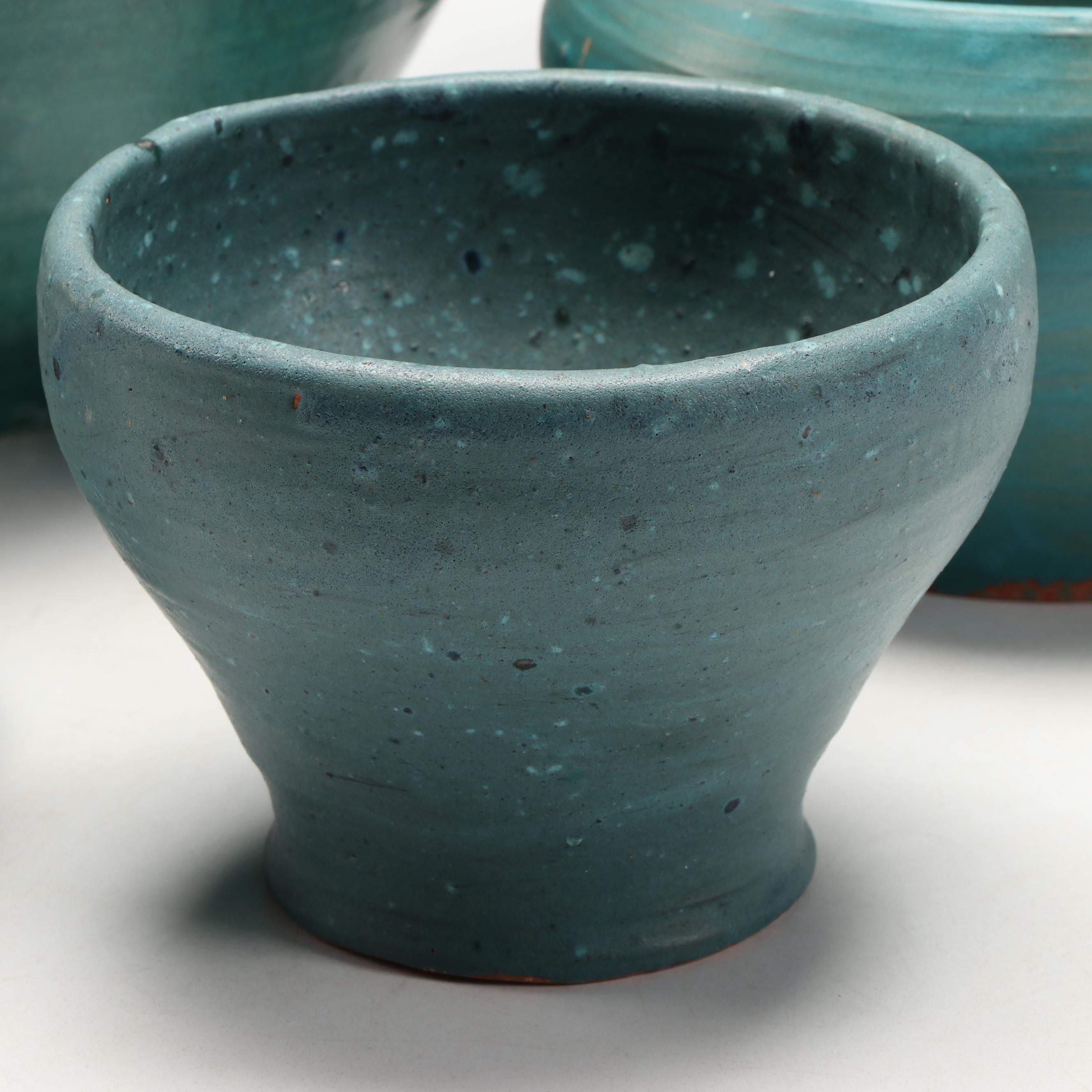 Artist Signed Art Pottery Turquoise Glaze Bowls and Vases