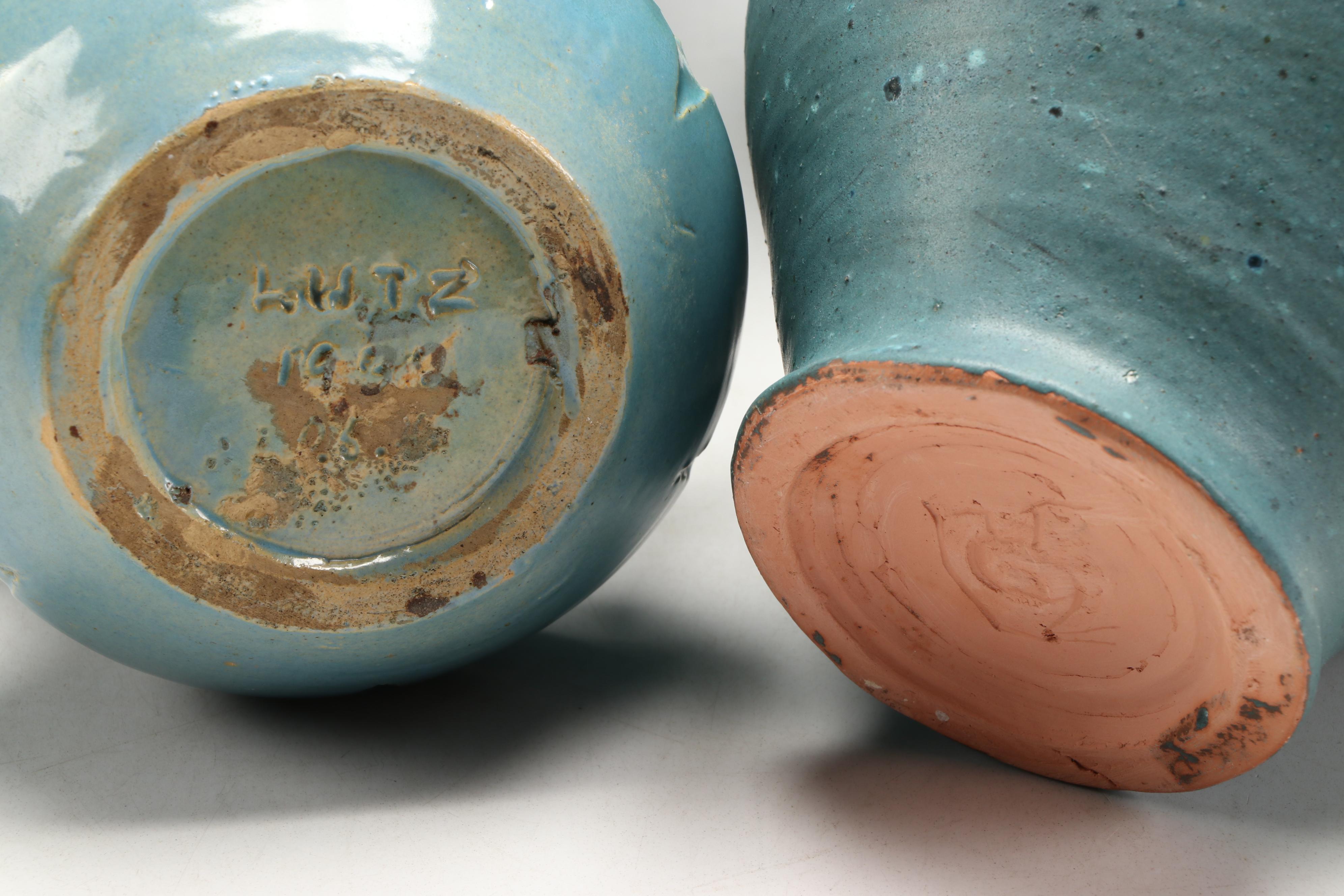 Artist Signed Art Pottery Turquoise Glaze Bowls and Vases