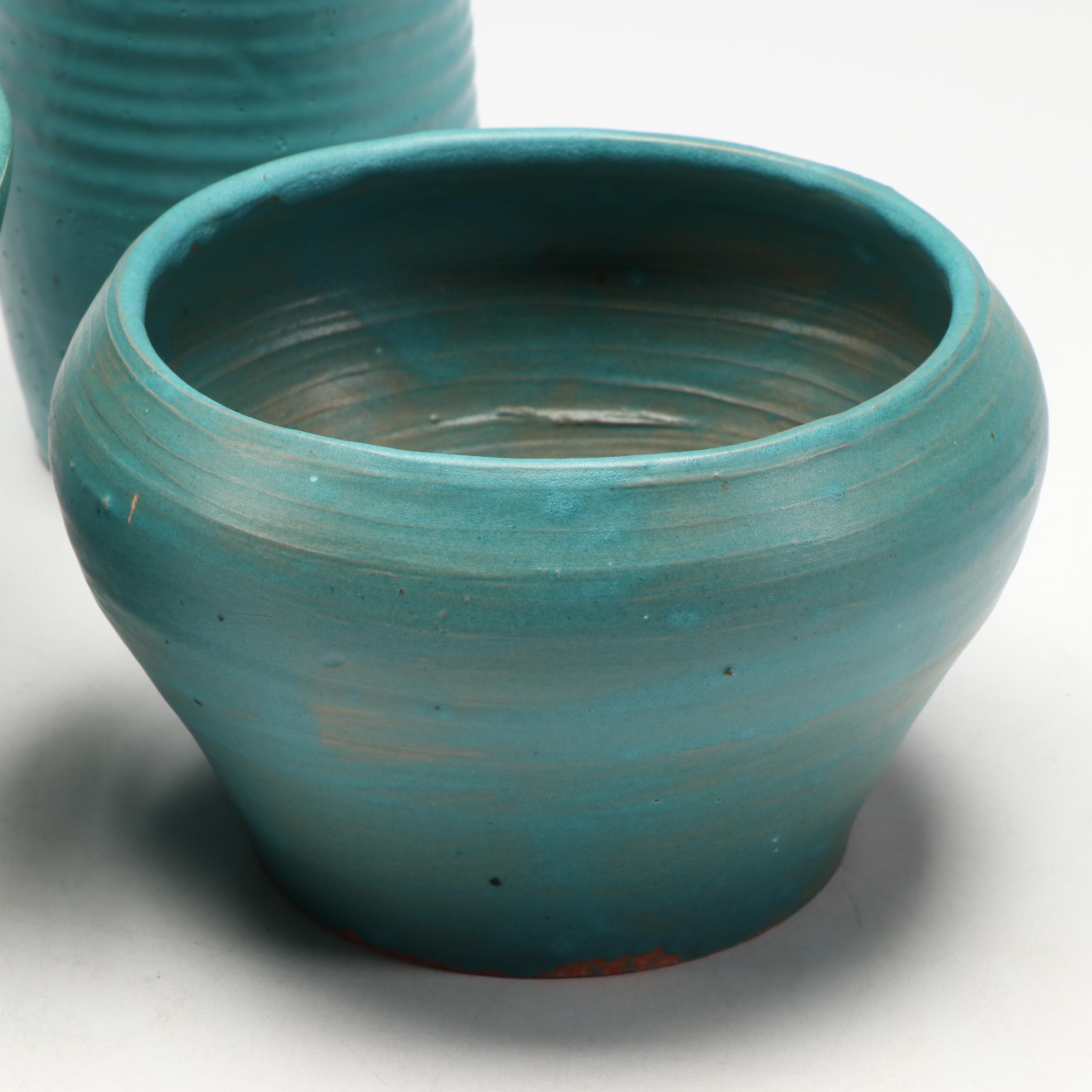 Artist Signed Art Pottery Turquoise Glaze Bowls and Vases