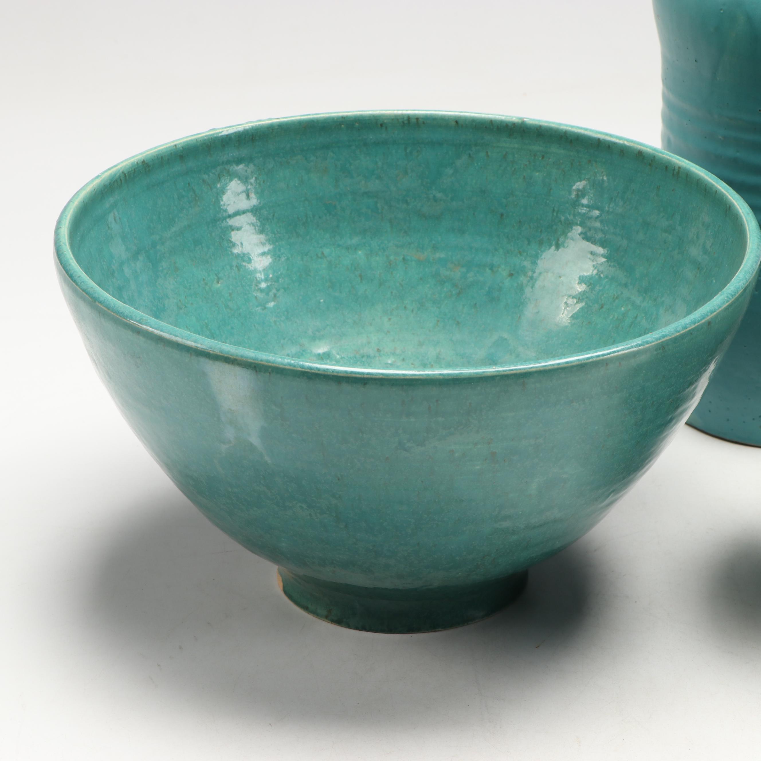 Artist Signed Art Pottery Turquoise Glaze Bowls and Vases